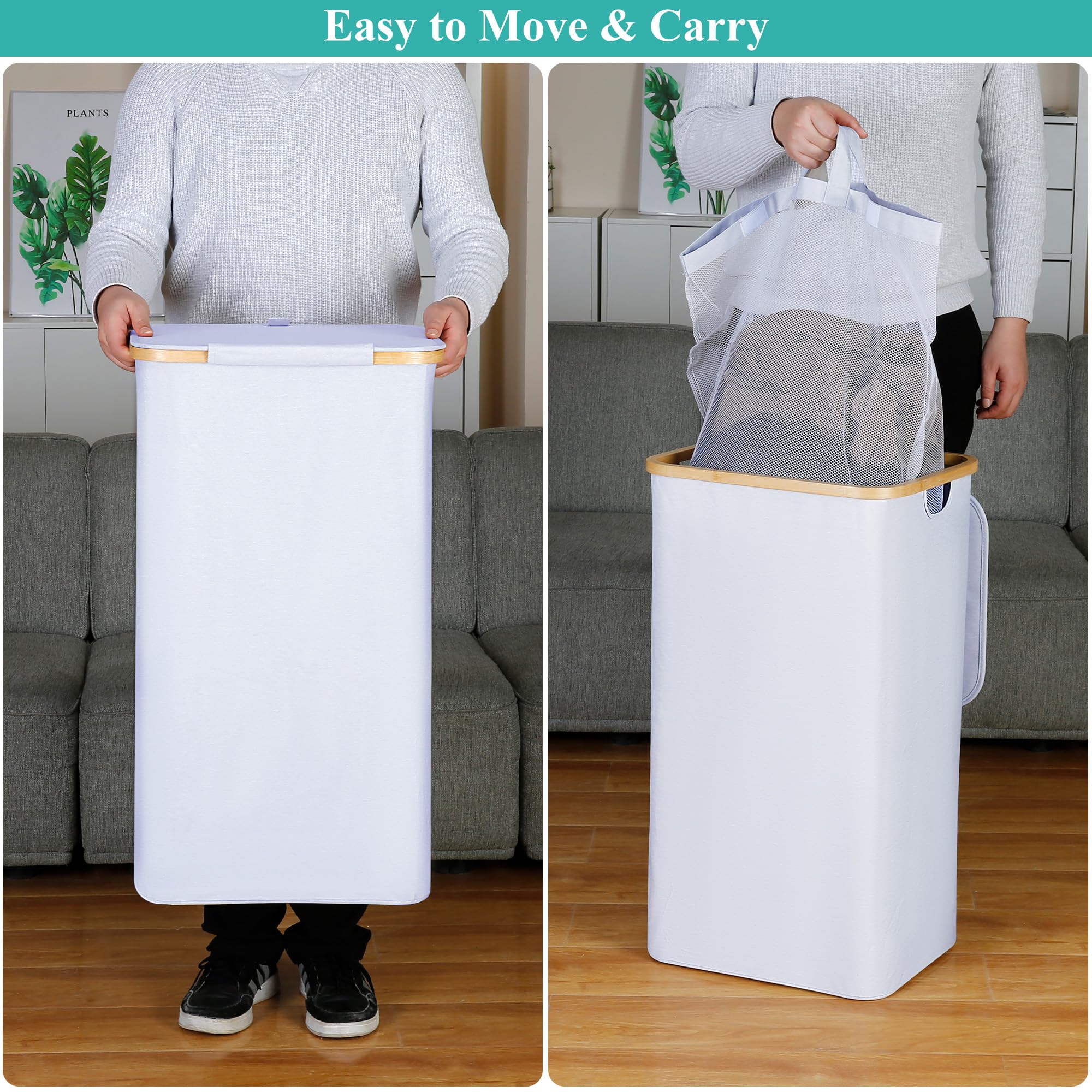 Iegrow 110L Laundry Hamper With Lid,Dirty Clothes Hampers For Laundry,Laundry Basket With Bamboo Handles And Removable Bag,Hampe