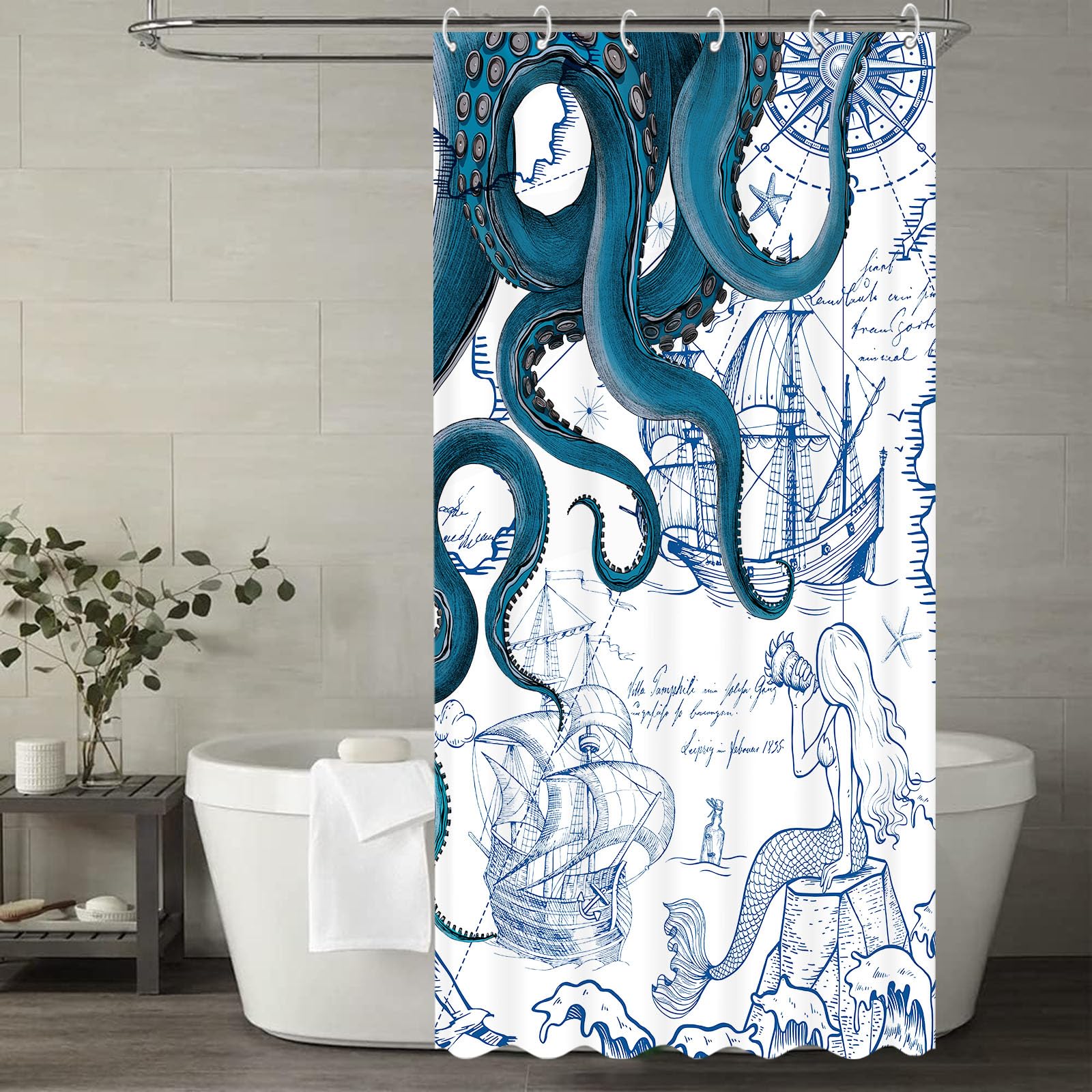 Fungarth Stall Blue Nautical Octopus Shower Curtain Navy Mermaid Funny Ocean Kraken Shower Curtains For Bathroom Cool Anchor Coa