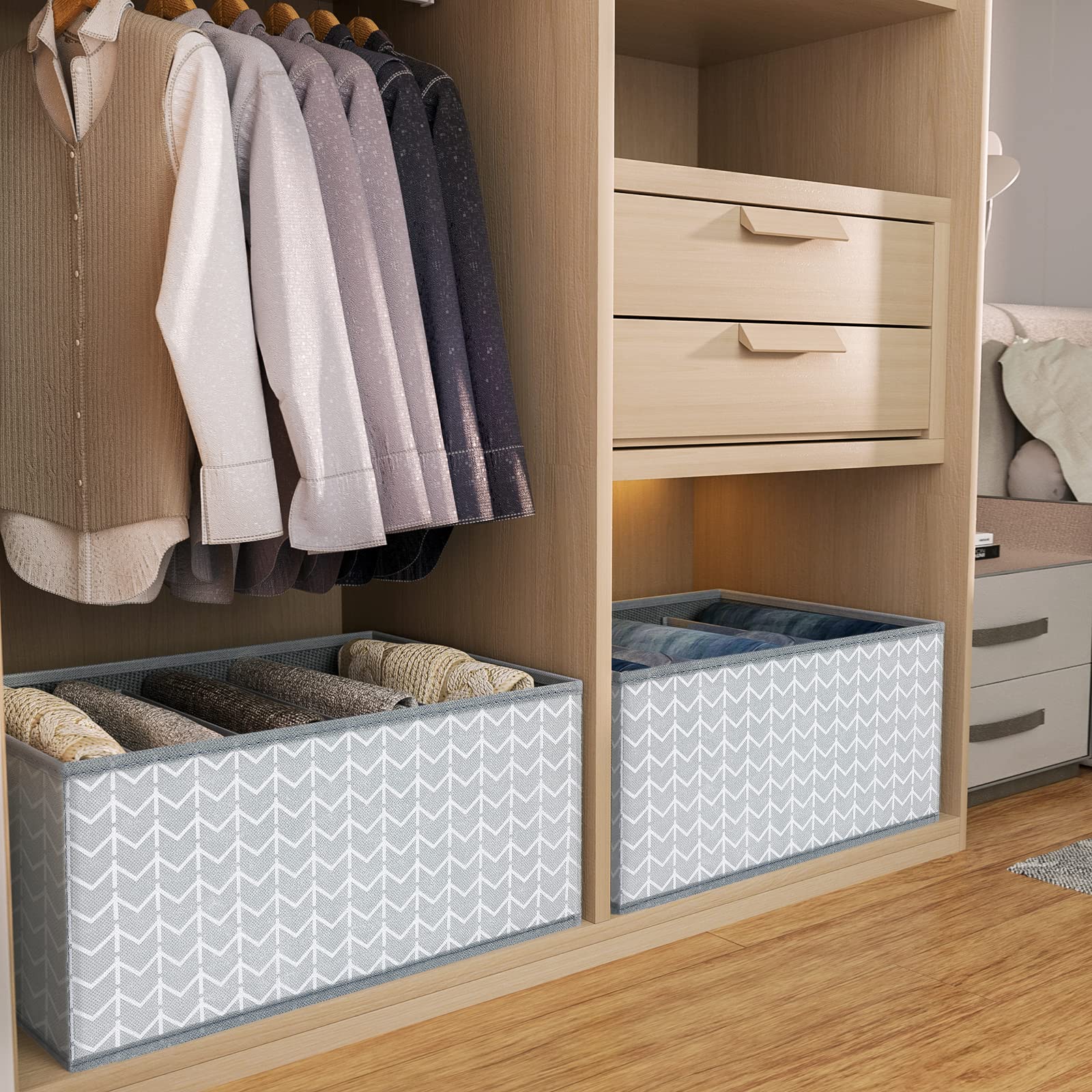 DIMJ Wardrobe Clothes Organizer, Fabric Drawer Organizers for Clothing with Cardboard, 5 Grids Drawer Dividers for Clothes, Jean