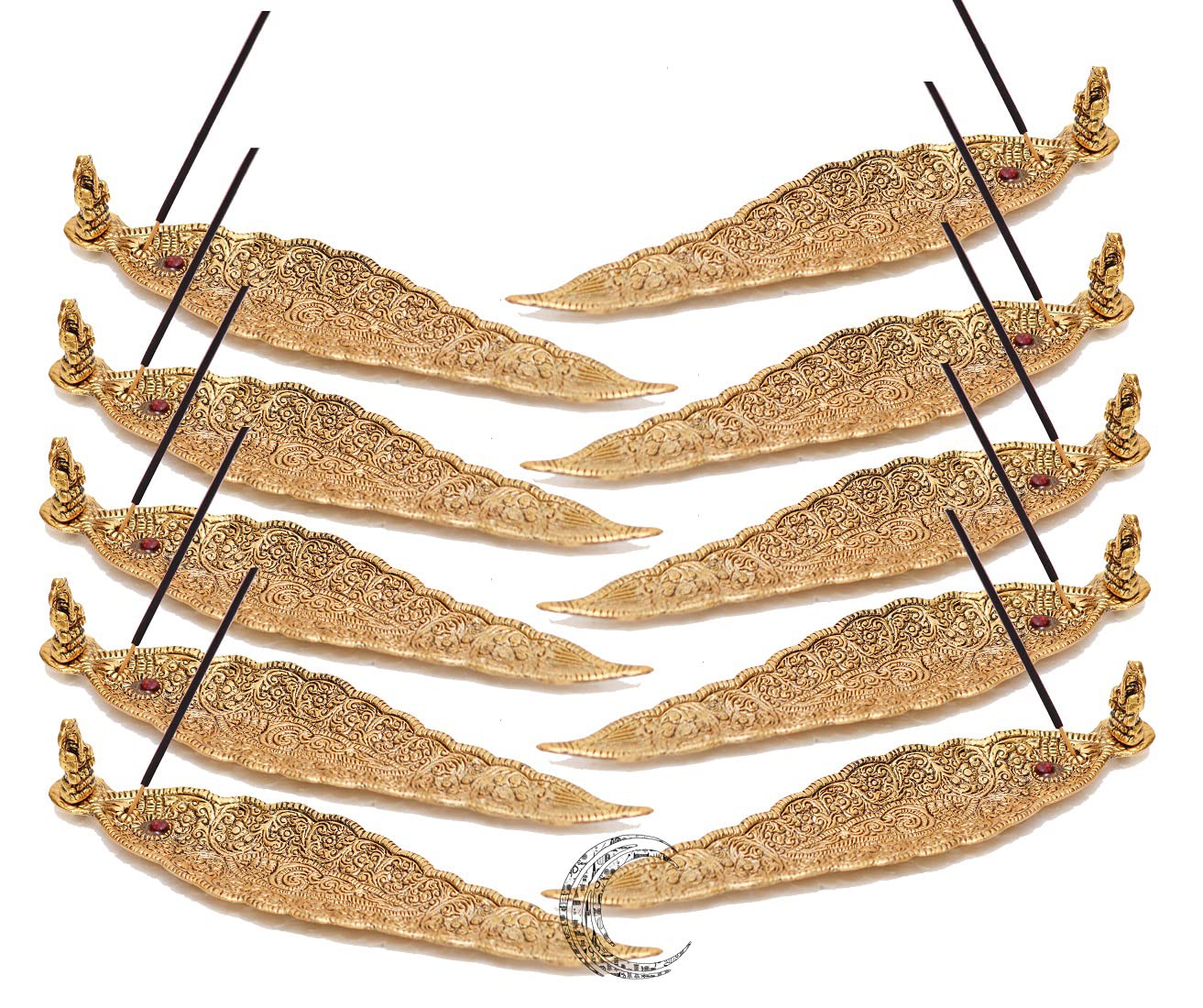 Crafticia Aluminum Incense Holder & Ash Catcher Agarbatti Stand Featuring Ganesh Figurine (9x2 inch) (Gold Holder, 10)