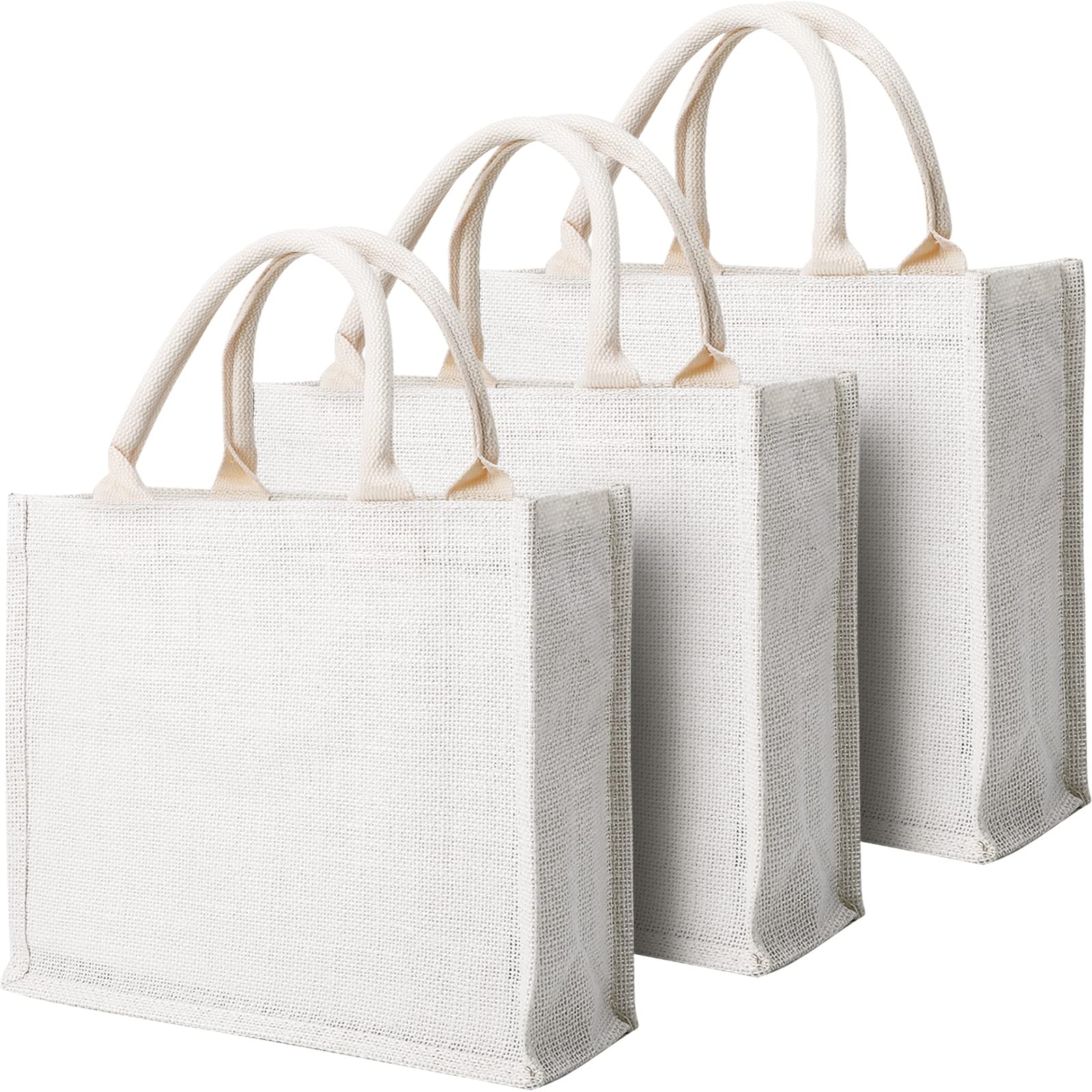 Segarty Tote Bags  3 Pack Small White Burlap Jute Reusable Canvas Gift Favors Bag with Handles Blank Totes Bulk for Bridesmaid Wedding  Women Market Grocery Shopping  Bachelorette Party  Beach Trip