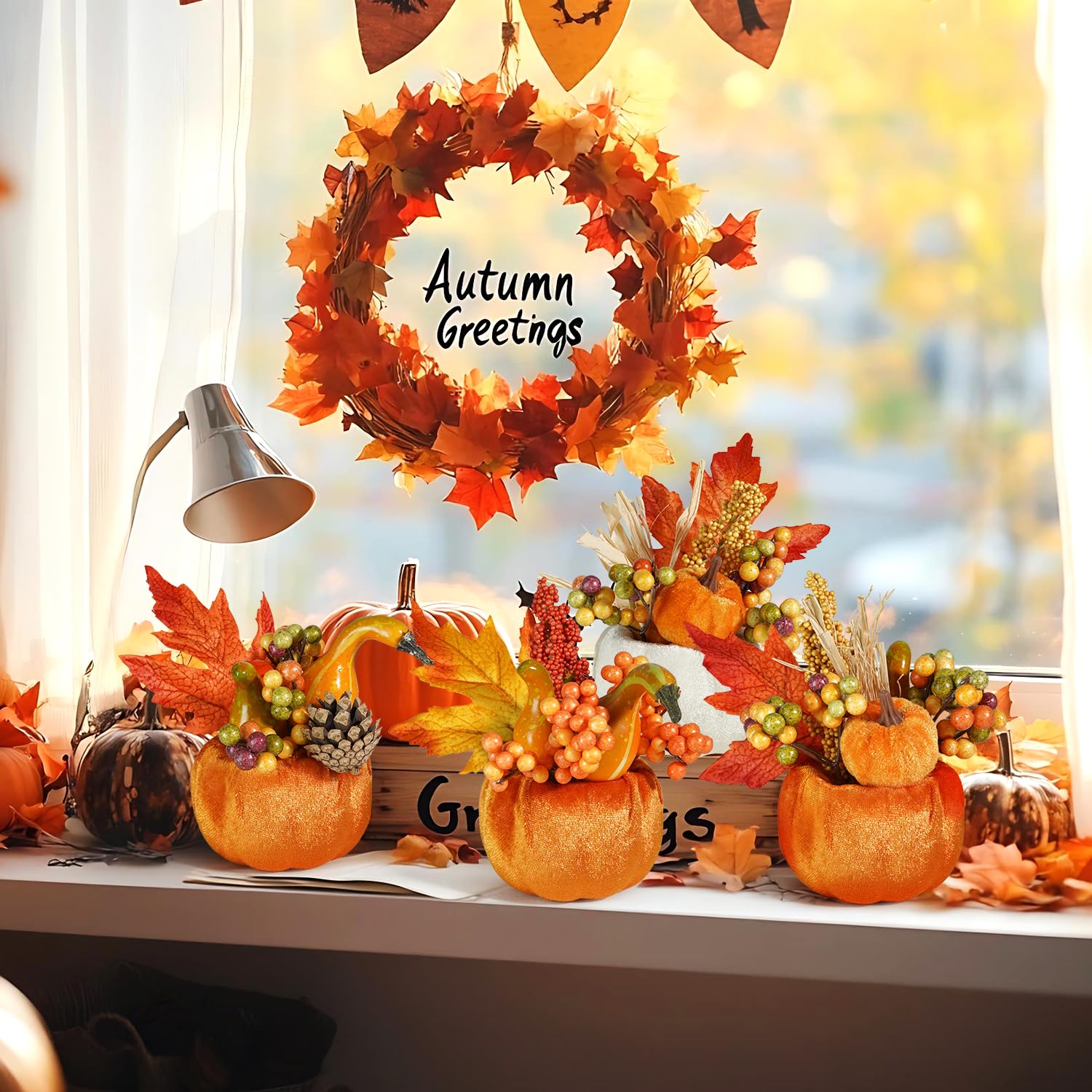 Artmag Set of 6 Artificial Pumpkins Decorations, Decorative Fabric Orange Pumpkin with Maple Berry Acorn Pine Cone Vegetables fo
