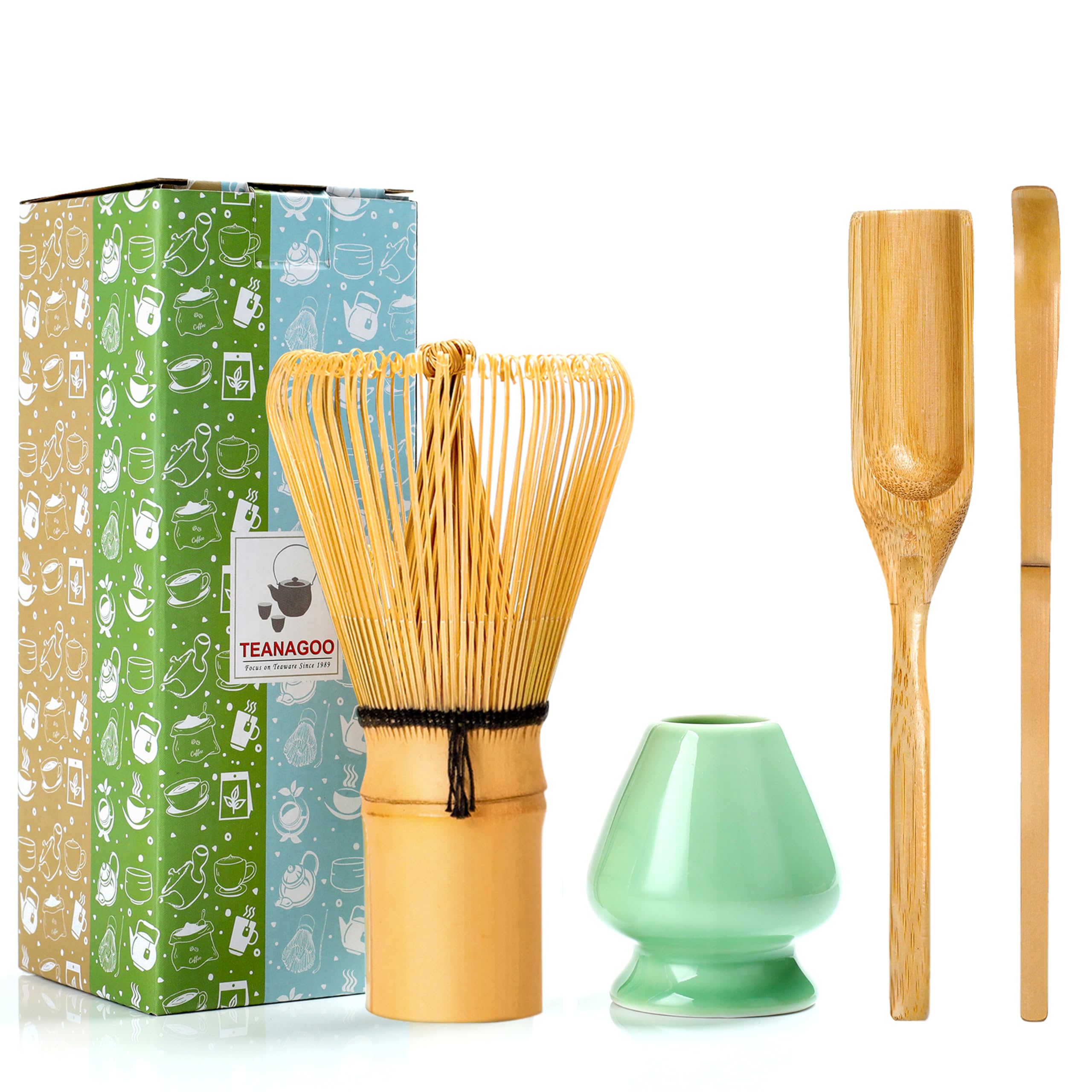 Teanagoo Japanese Matcha Ceremony Accessory, Matcha Whisk (Chasen), Bamboo Scoop (Chashaku), Tea Spoon, Green Celadon Whisk Hold