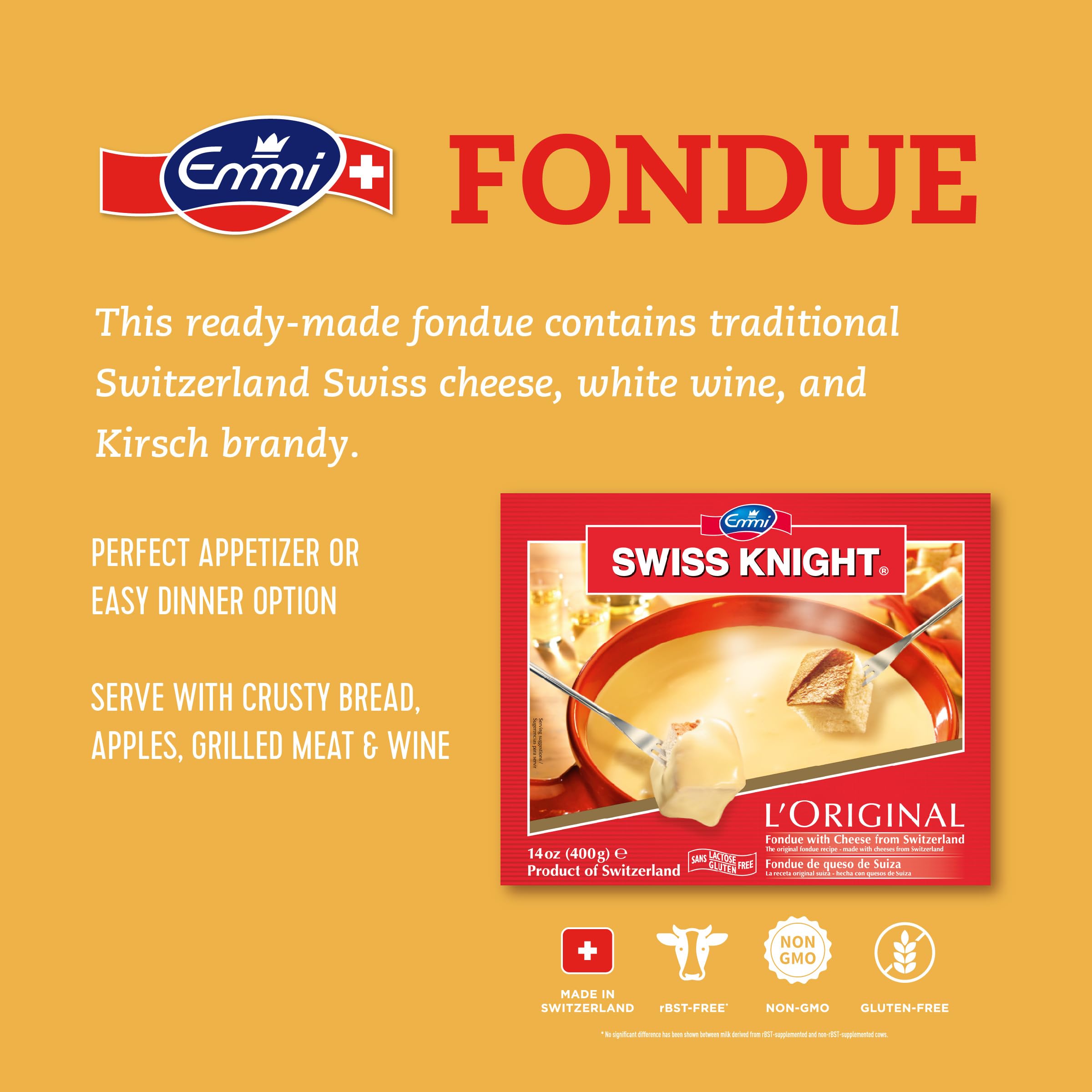 Swiss Knight Fondue - L'Original Swiss Cheese, 14 Oz, Perfect for Parties