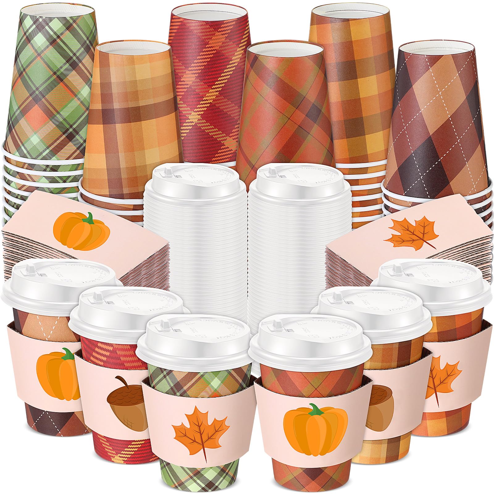Jingmore 60 Sets Fall Disposable Coffee Cups with Lids and Sleeves 12 oz Paper Buffalo Plaid Coffee Cups for Hot Cold Drinks Tea