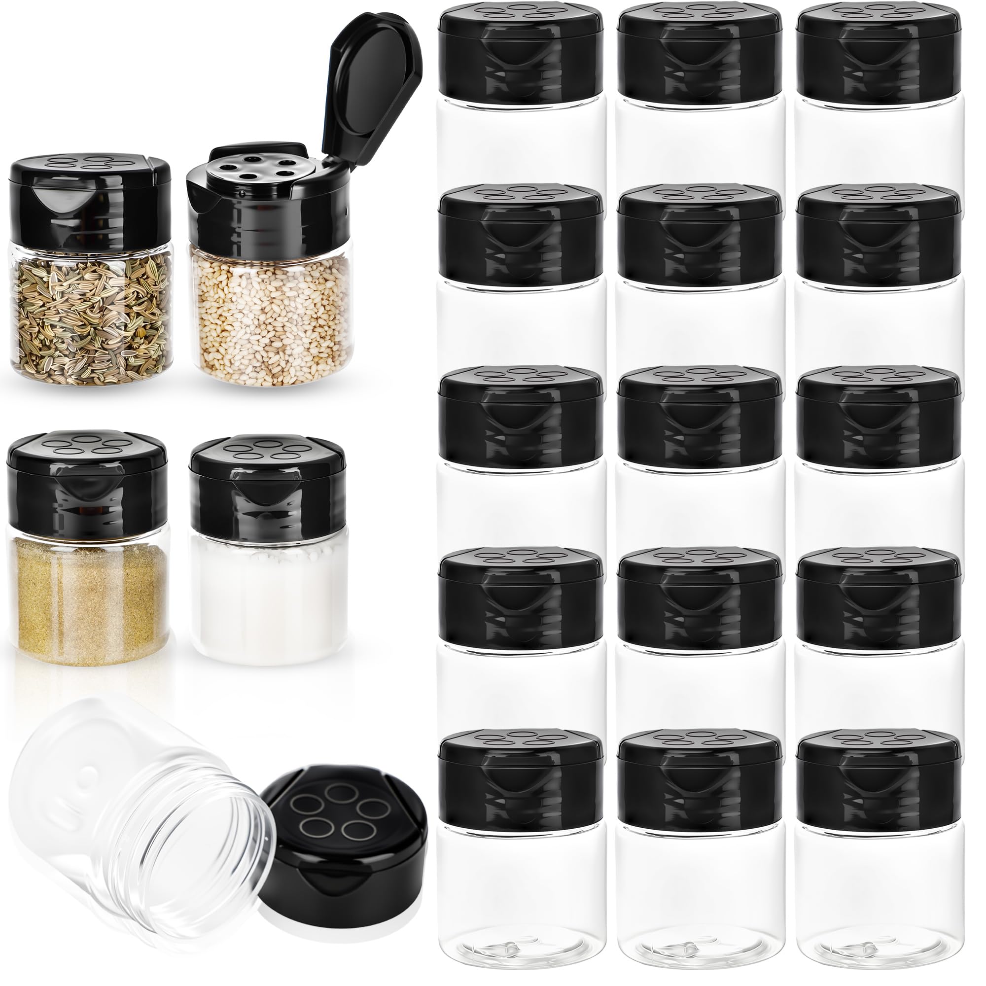 Conagel 20 Pack 1 oz Plastic Spice Jars with Black Flip and Sift Caps Empty Spice Bottles Small Seasoning Containers for Camping