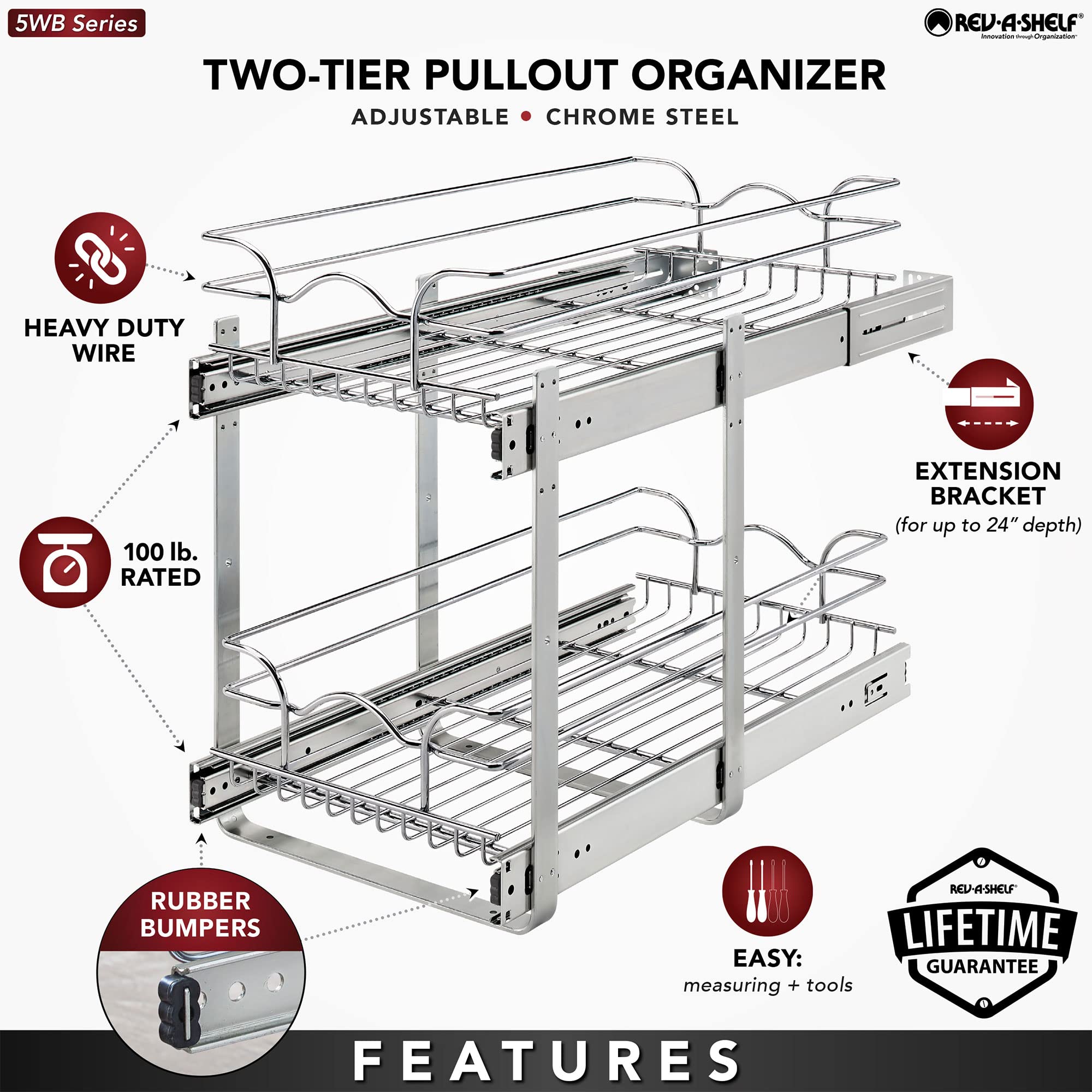 Rev-A-Shelf 2-Tier Kitchen Cabinet Pullout Shelf And Drawer Organizer Slide Out Pantry Storage Basket In Multiple Sizes, 12 X 22