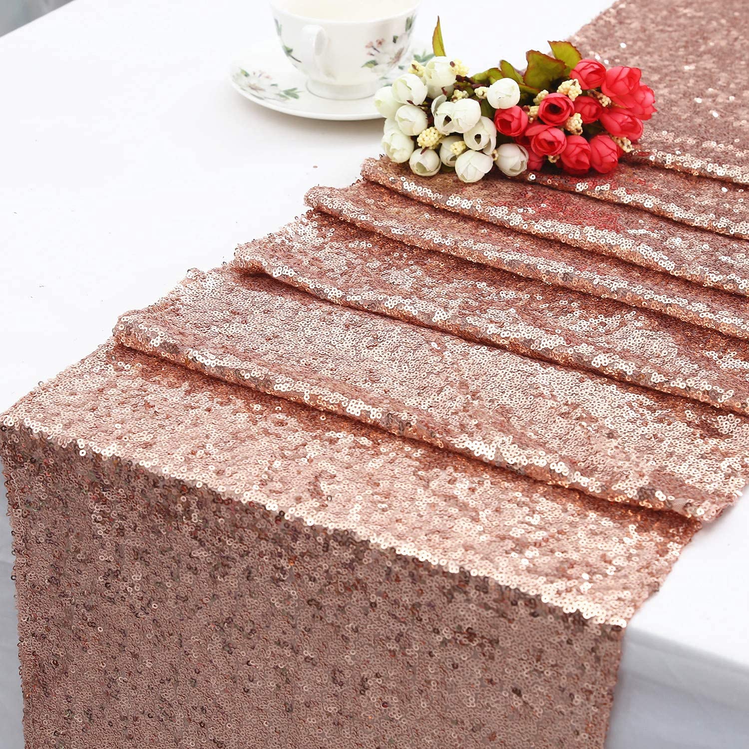 Partydelight 12 Pack 12'' X 60'' Rose Gold Sequin Table Runner For Wedding, Party, Bridal Baby Shower, Christmas.
