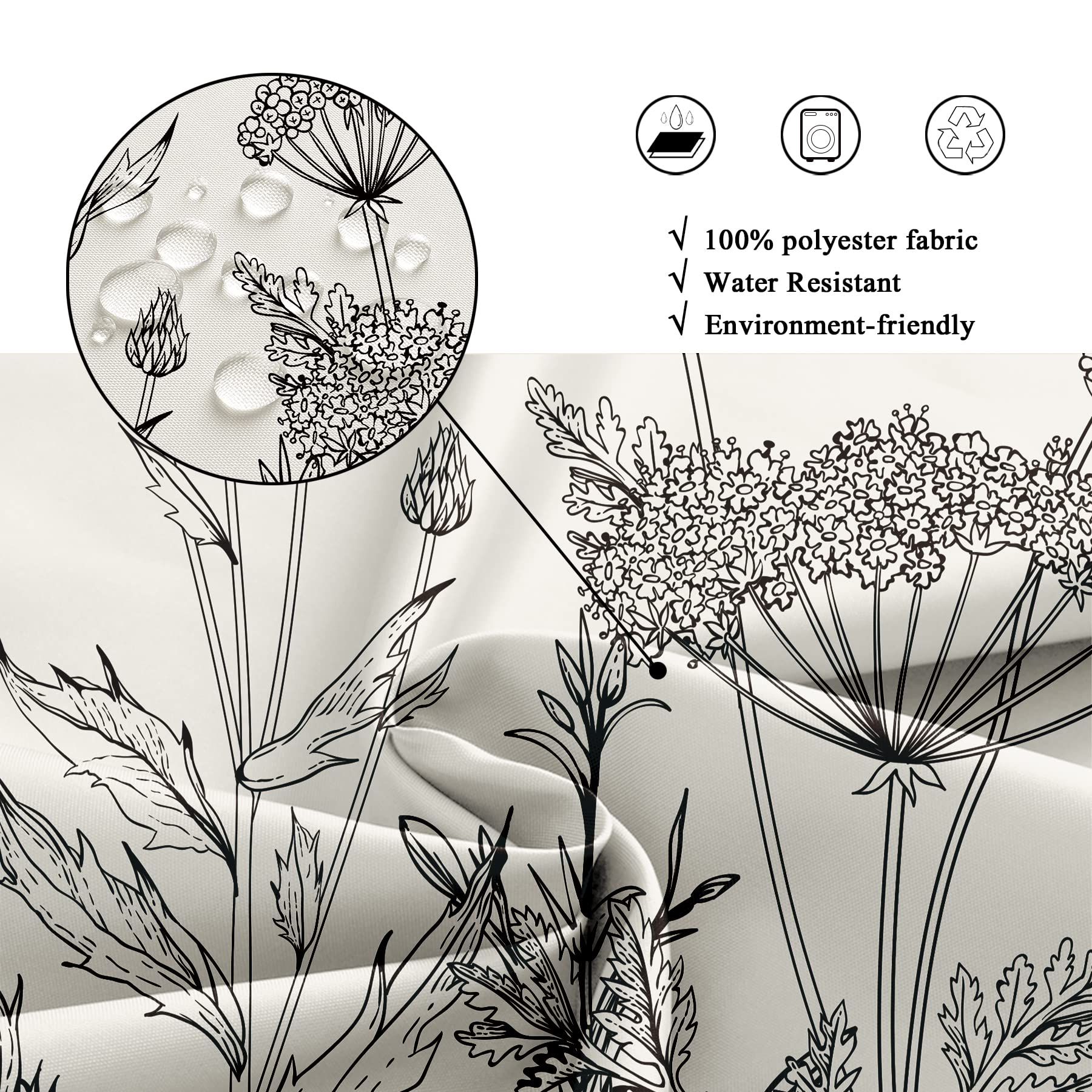 Riyidecor Wild Floral Shower Curtain Botanical Flower Plant Herbs Tulip Nature Blossom Wildflower Leaf Sketch Waterproof Fabric 72Wx72H Inch Polyester Bathroom Bathtub Decoration 12 Pack Plastic Hooks