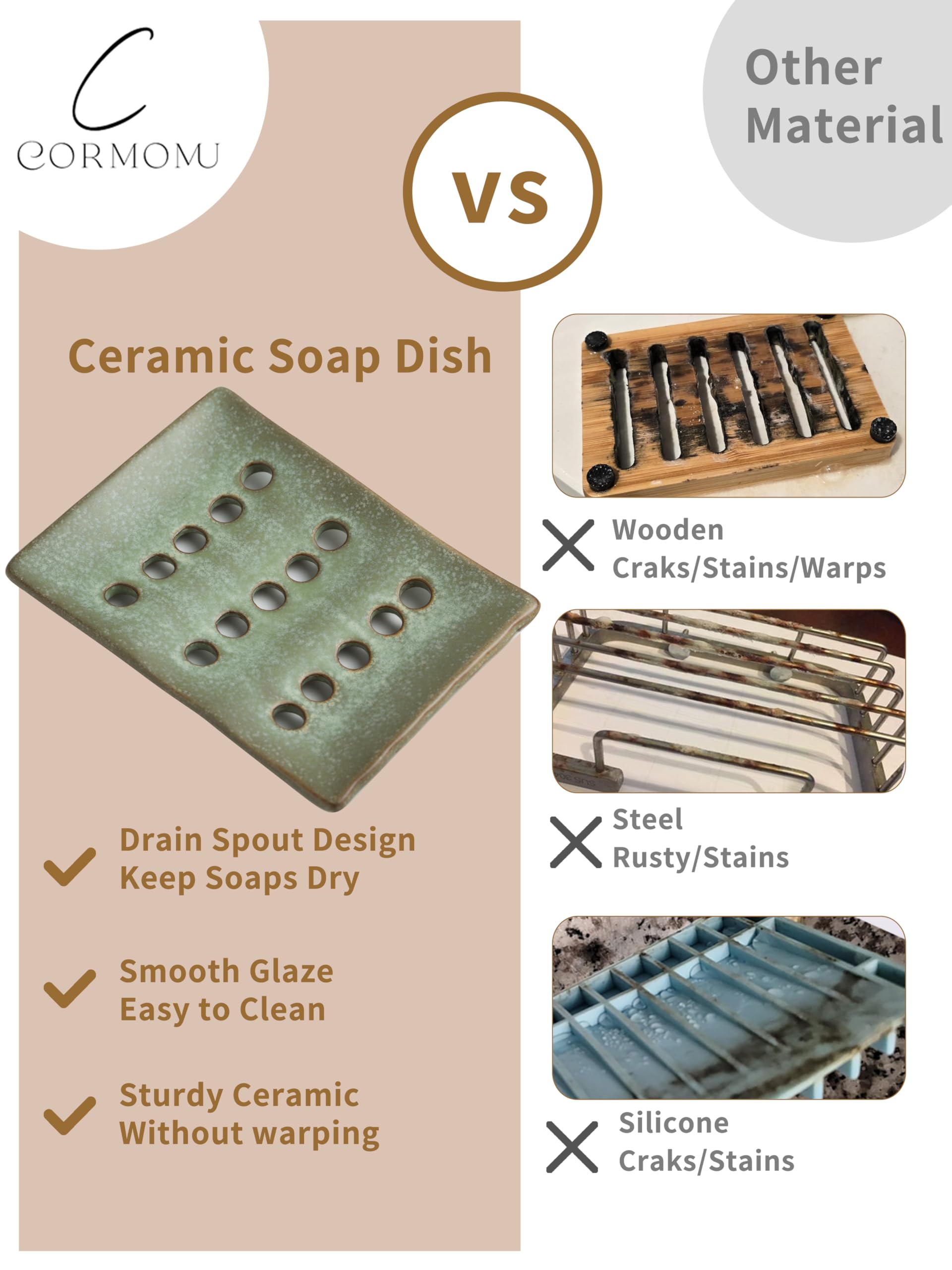 Cormomu Soap Dish For Shower, Ceramic Soap Holder With Self Drain, Soap Saver To Lift Soap Keep Dry, Soap Dishes With Concave De