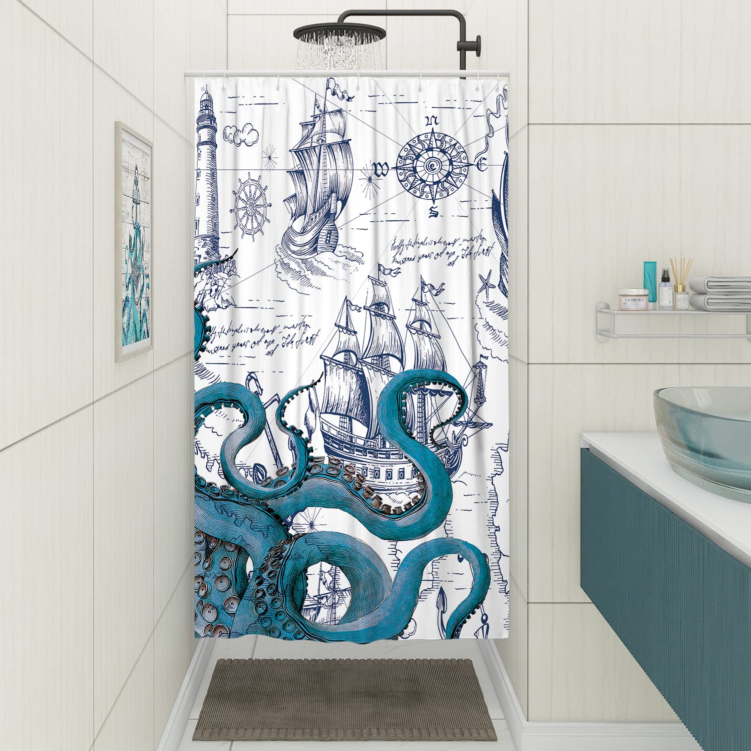Desihom Blue Nautical Octopus Small Shower Stall Curtain Set, Funny Ocean Kraken Shower Curtains For Bathroom, Beach Coastal Pir