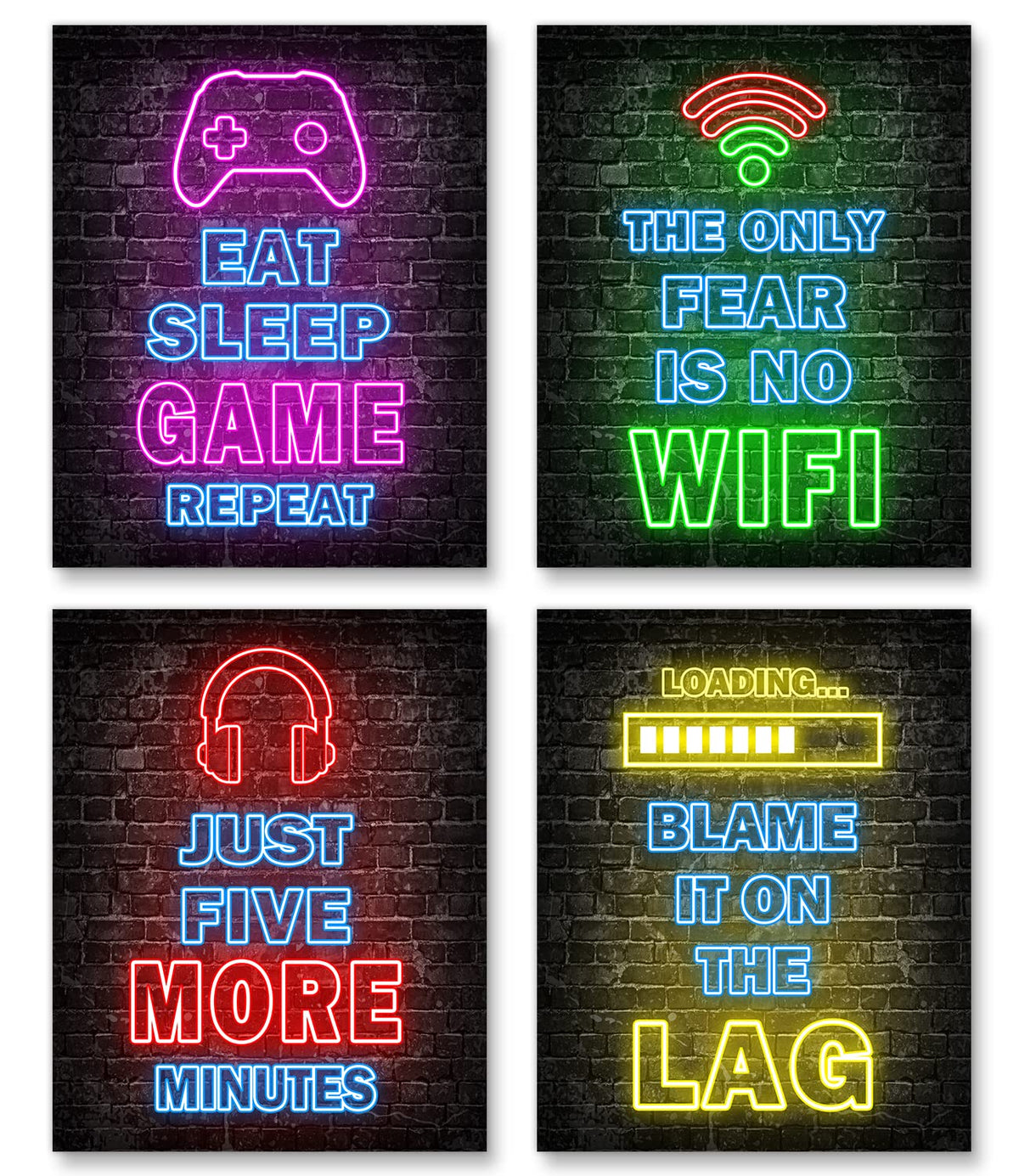 Printed Neon Gaming Posters Set Of 4 (8X 10), Boys Room Decorations For Bedroom,Video Game Wall Art,Gamer, Teen Boy Bedroom, Gam