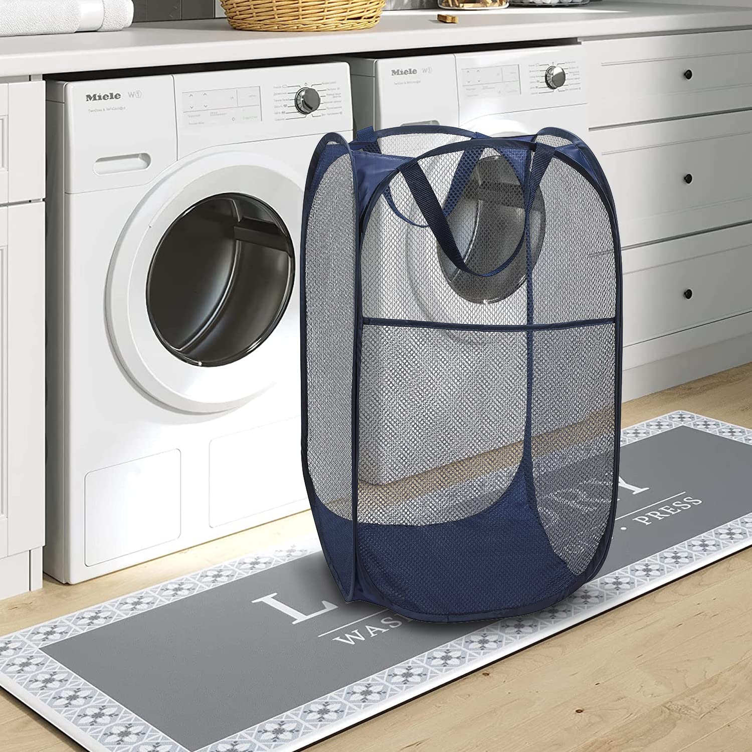 Battoo Deluxe Strong Mesh Pop Up Laundry Hamper Basket With Side Pocket Foldable Hamper For Laundry Room, Bathroom, Kids Room, C