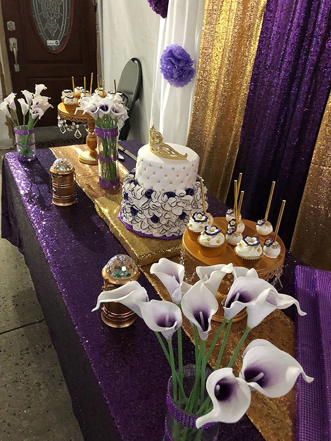 Queendream Sequin Tablecloth 90''X132'' Purple Party Tablecloth Rectangular Seamless Sequin Table Cloth Overlay Glitter Wedding