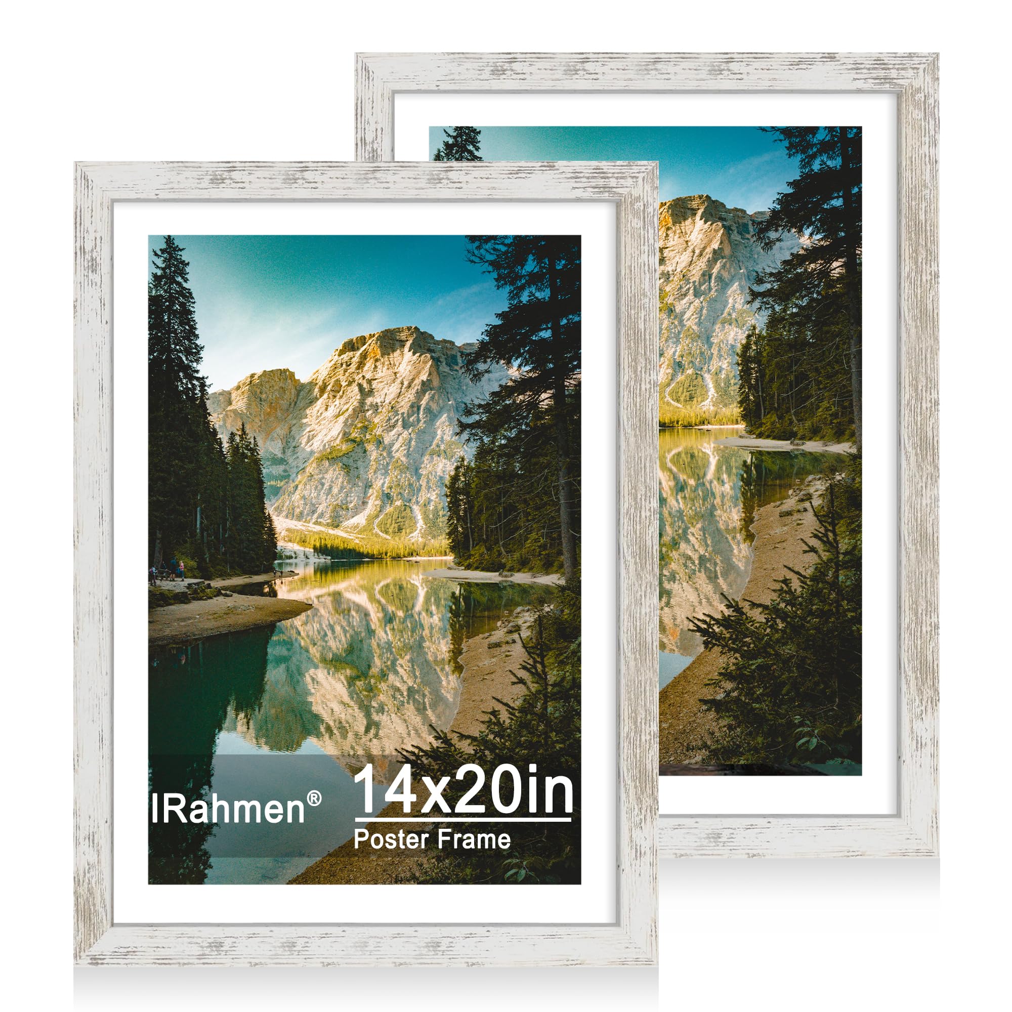 iRahmen 14x20 Picture Frame Set of 2 with Plexiglass, Display 12x18 Photo with Mat or 14 x 20 Without Mat, Rustic Wood Poster Fr