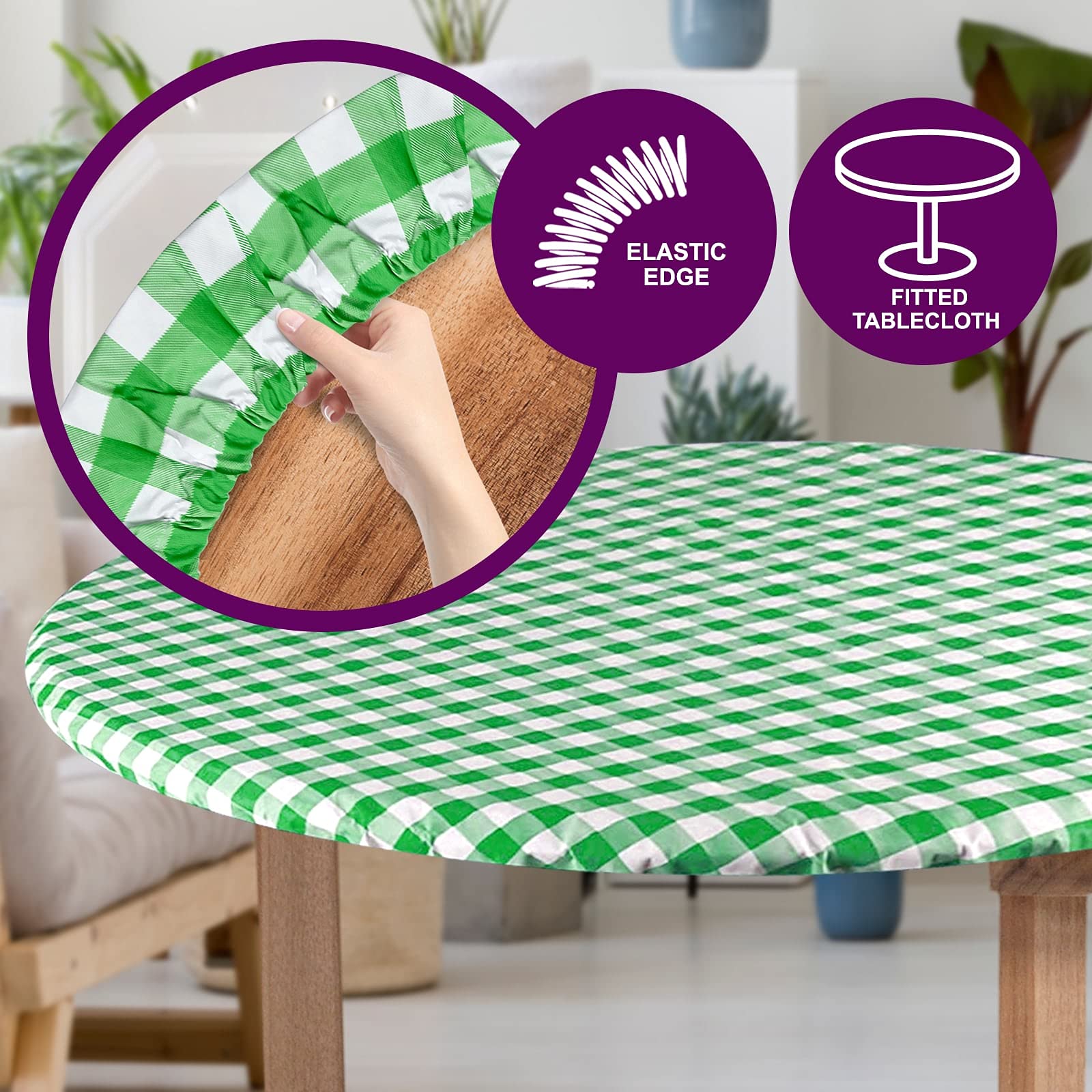 Sorfey Tablecloth -Fitted with Elastic  Vinyl with Flannel Back  Fits for Table 30 Inches Round Water Proof  Easy to Clean  Checked Green Design