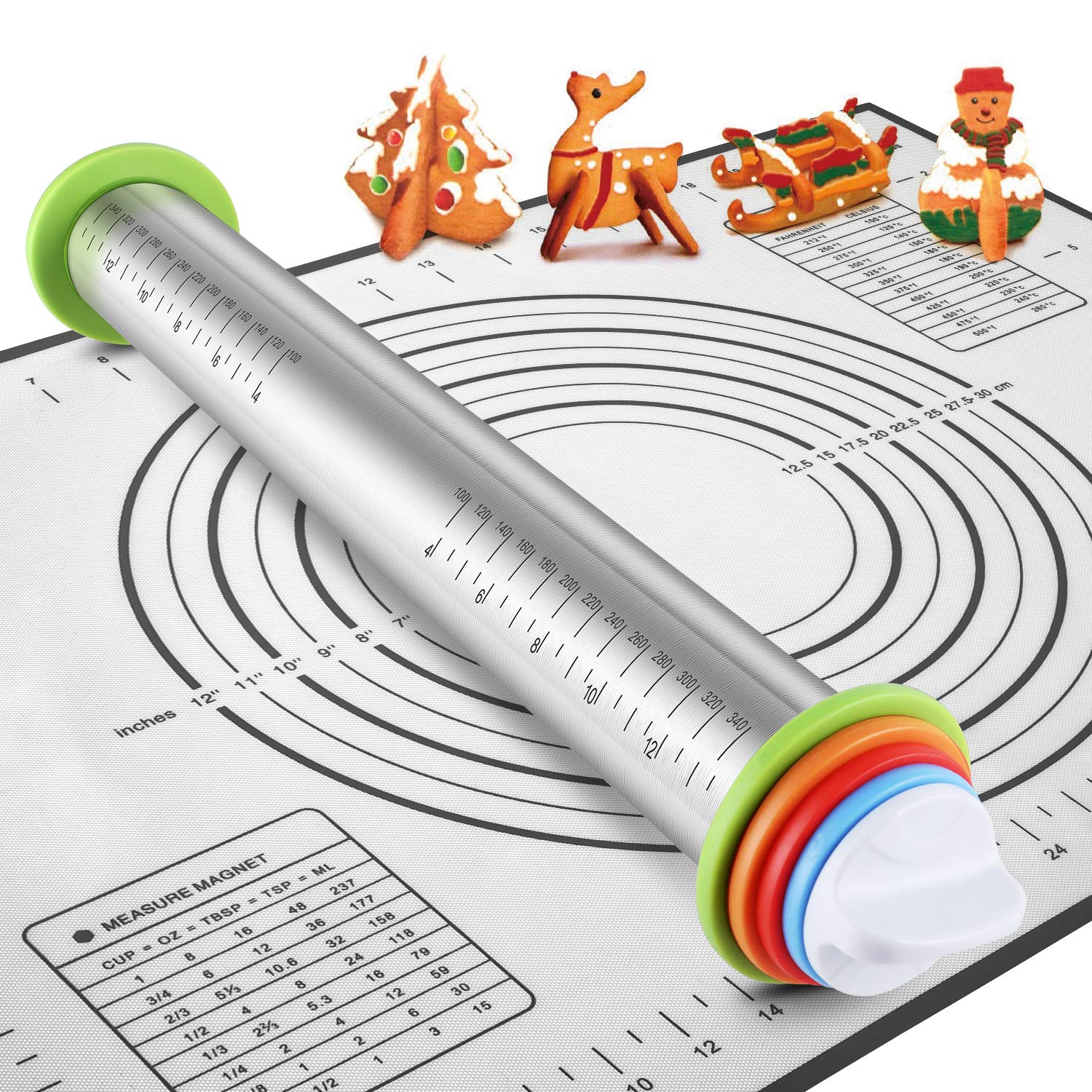 Rolling Pins, Stainless Steel Dough Roller, Rolling Pin And Silicone Baking Pastry Mat Set, Adjustable Rolling Pin With Thicknes