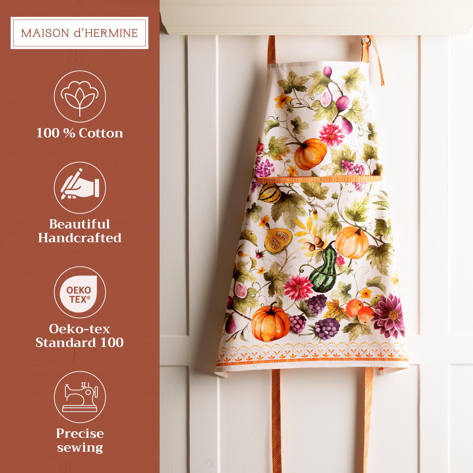 Maison d ' Hermine Apron 100% Cotton Adjustable Neck Strap Clothapron with Center Pocket for Mothers Day Gifts  Women  Men  Banquet  Pumpkin Garden - Cloudy Cream -Thanksgiving/Christmas(27.50 ''x31.50 '')