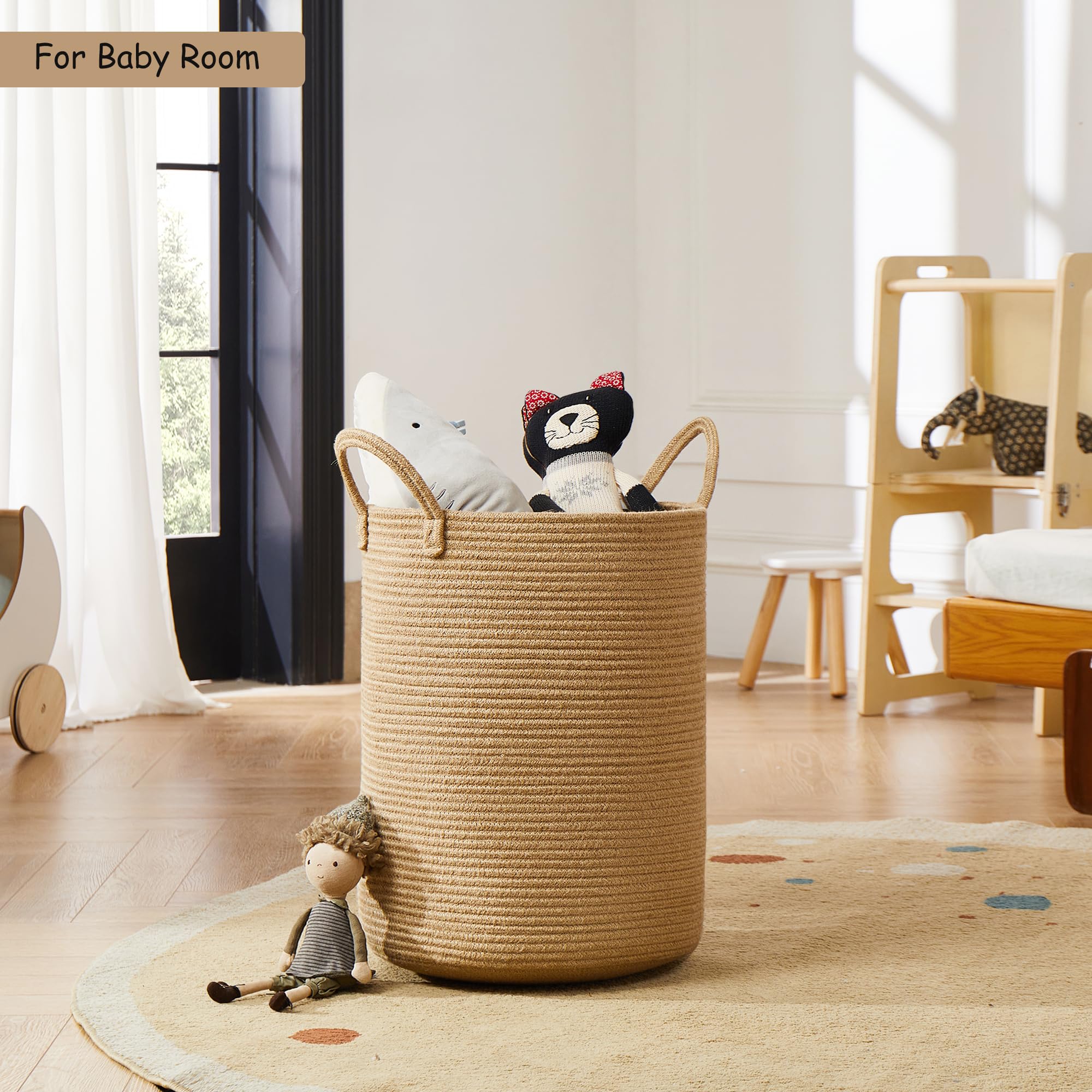 Mojoscend Jute Woven Rope Laundry Hamper Basket, 15Dx20H Inches Tall Hamper Basket For Blanket Storage, Nursery Clothes Hamper F