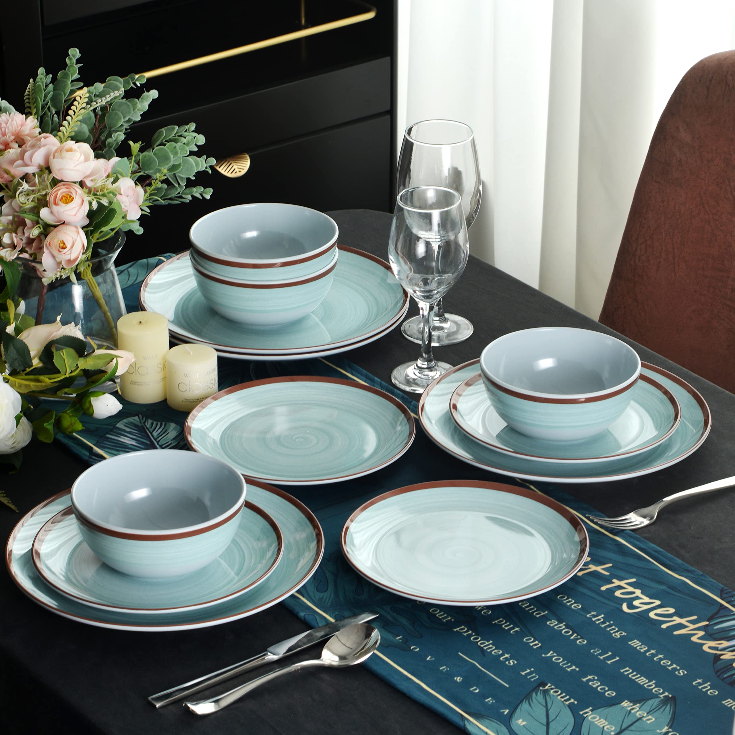 Melamine Dinnerware Set for 4, 12Pcs Dinnerware Sets, Mint Blue Plates And Bowls Sets Morden Dish Set Dishwasher Safe BPA Free(G