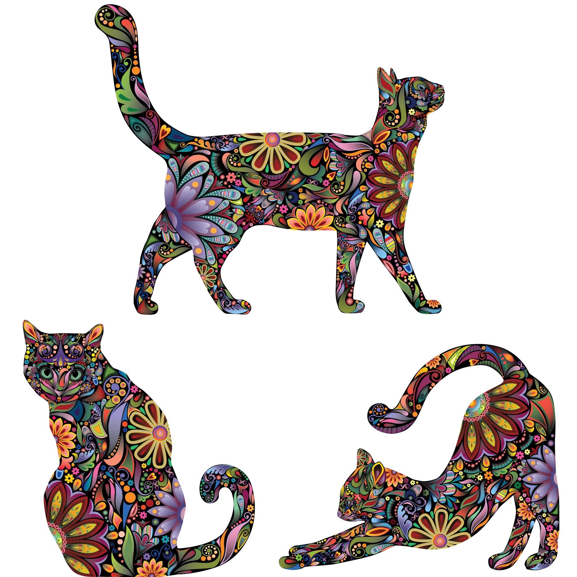 Cat Wall Sticker Trio - Set Of 3 Stickers - Repositionable Cat Wall Decals In Flower Pattern (As Shown, M)