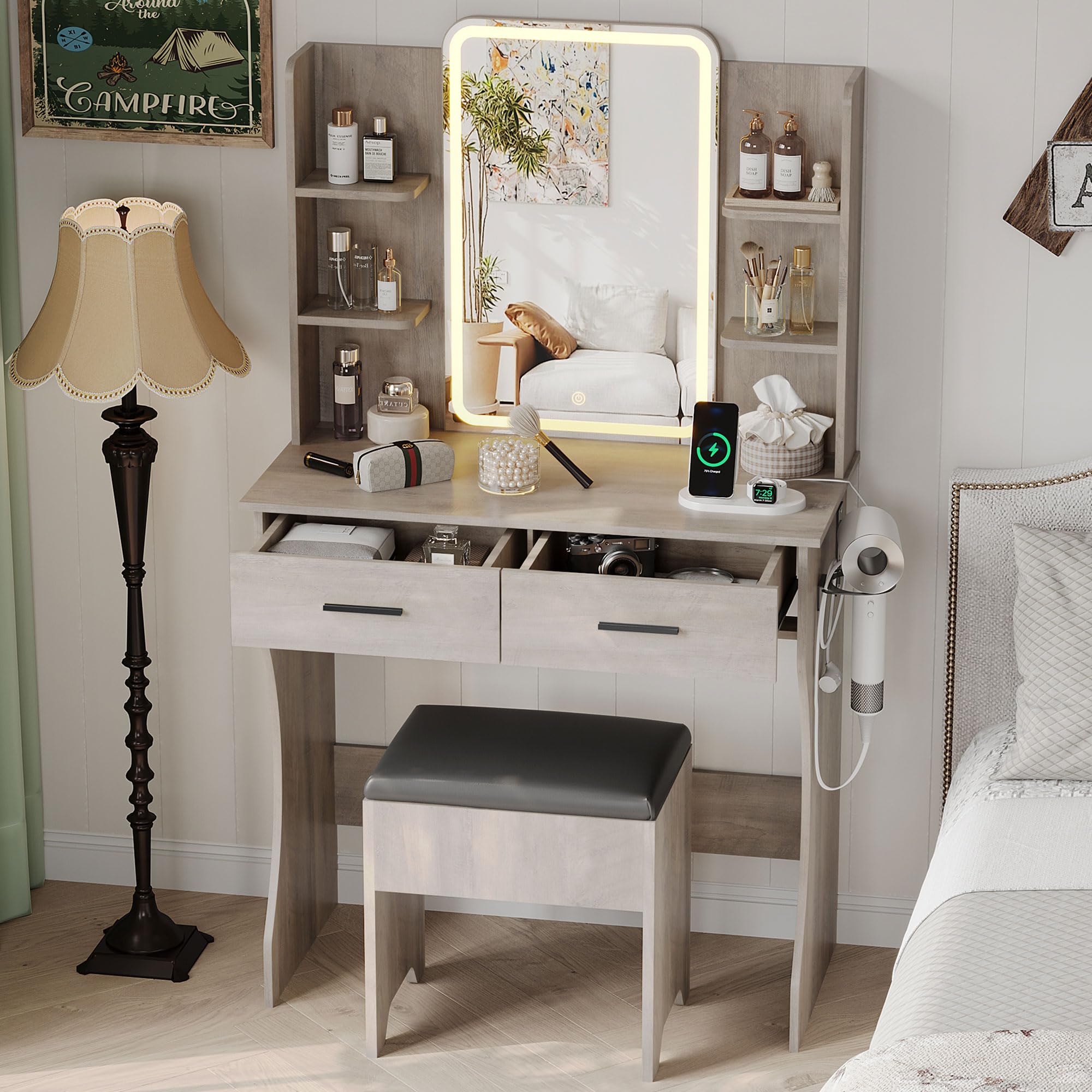 Small Vanity Desk with Mirror and Lights, Makeup Vanity with LED Lights, Grey Vanity Mirror with Lighted Desk and Chair, 3 Light