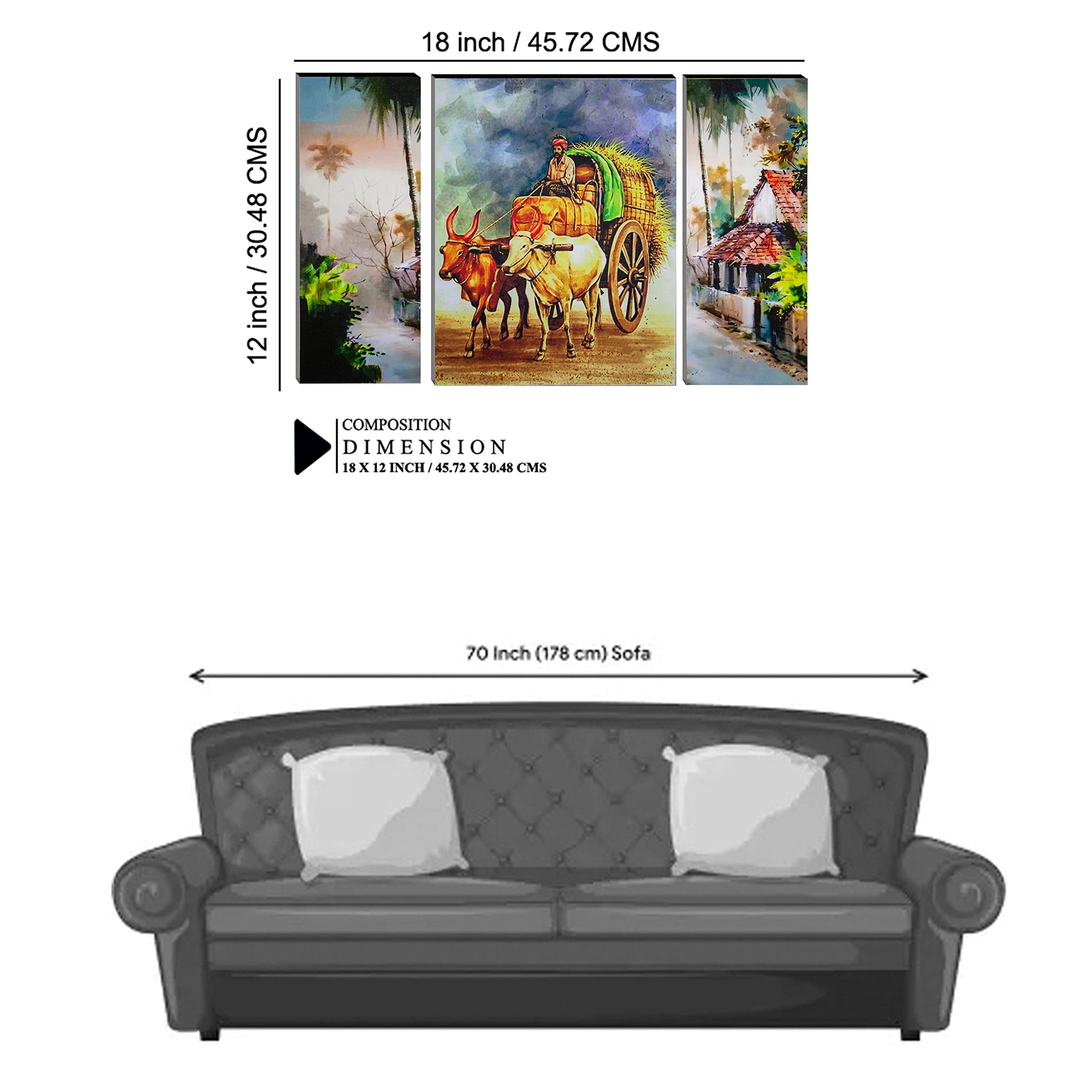 Indianara Set Of 3 Indian Village Mdf Art Painting (3581Fl) Without Glass 4.5 X 12, 9 X 12, 4.5 X 12 Inch