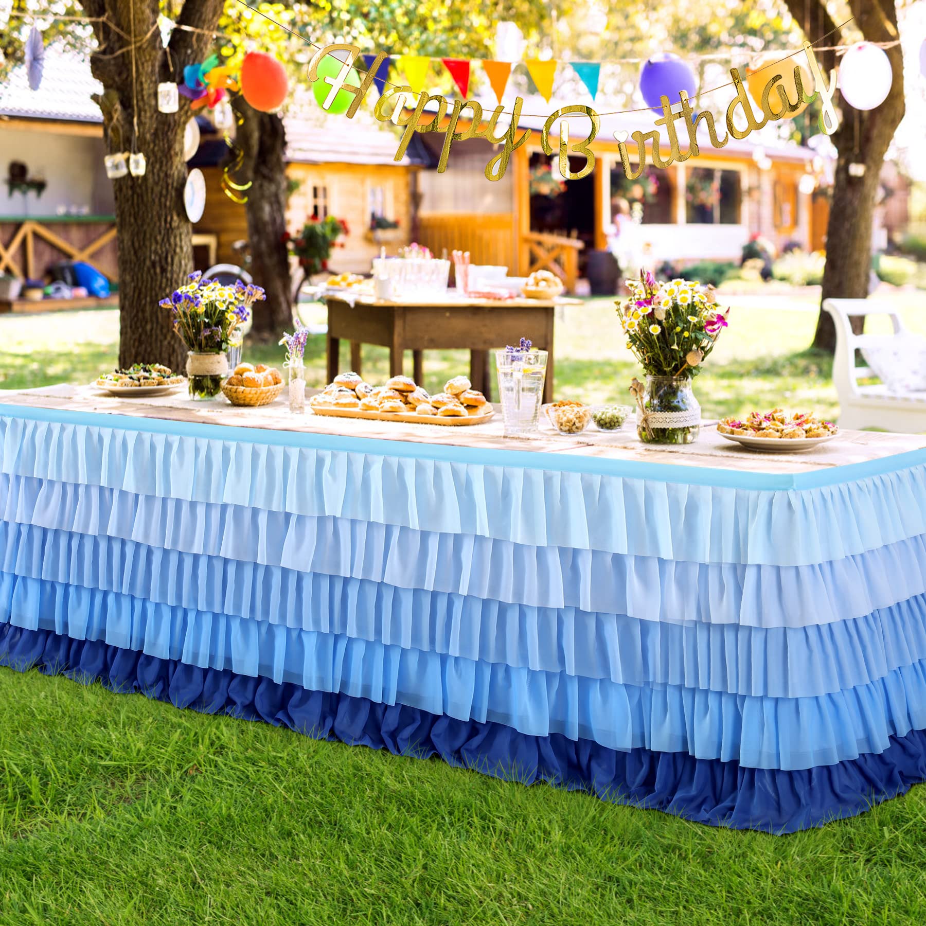 Gradient Blue Table Skirt Tutu Tablecloth For Under The Sea Party Frozen Decorations Gender Reveal Birthday Elephant Baby Shower