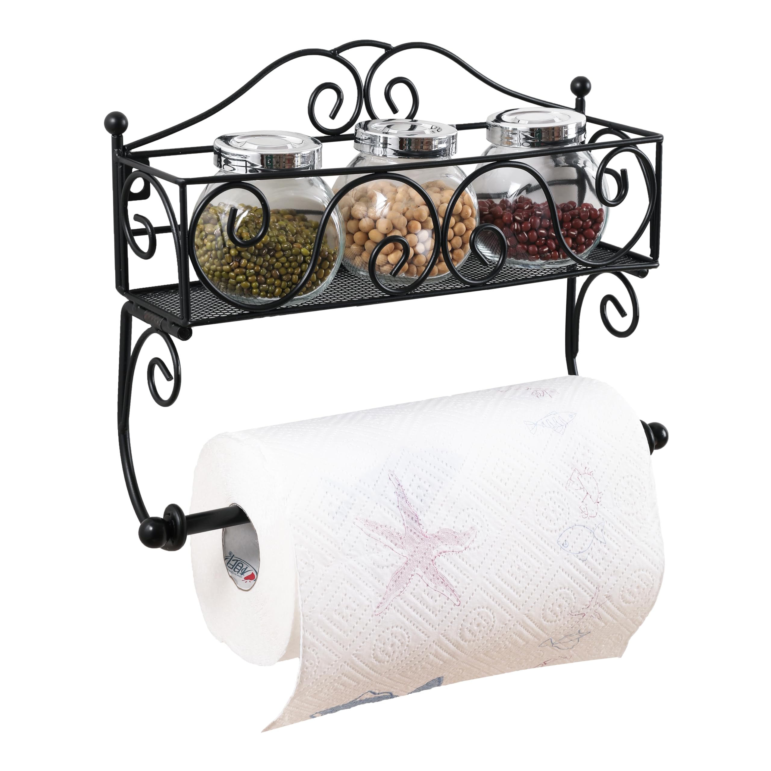 Adhesive Paper Towel Holder With Shelf, Paper Towel Holder Wall Mount, 12In Black Paper Towel Holder For Kitchen, Hand Towel Hol