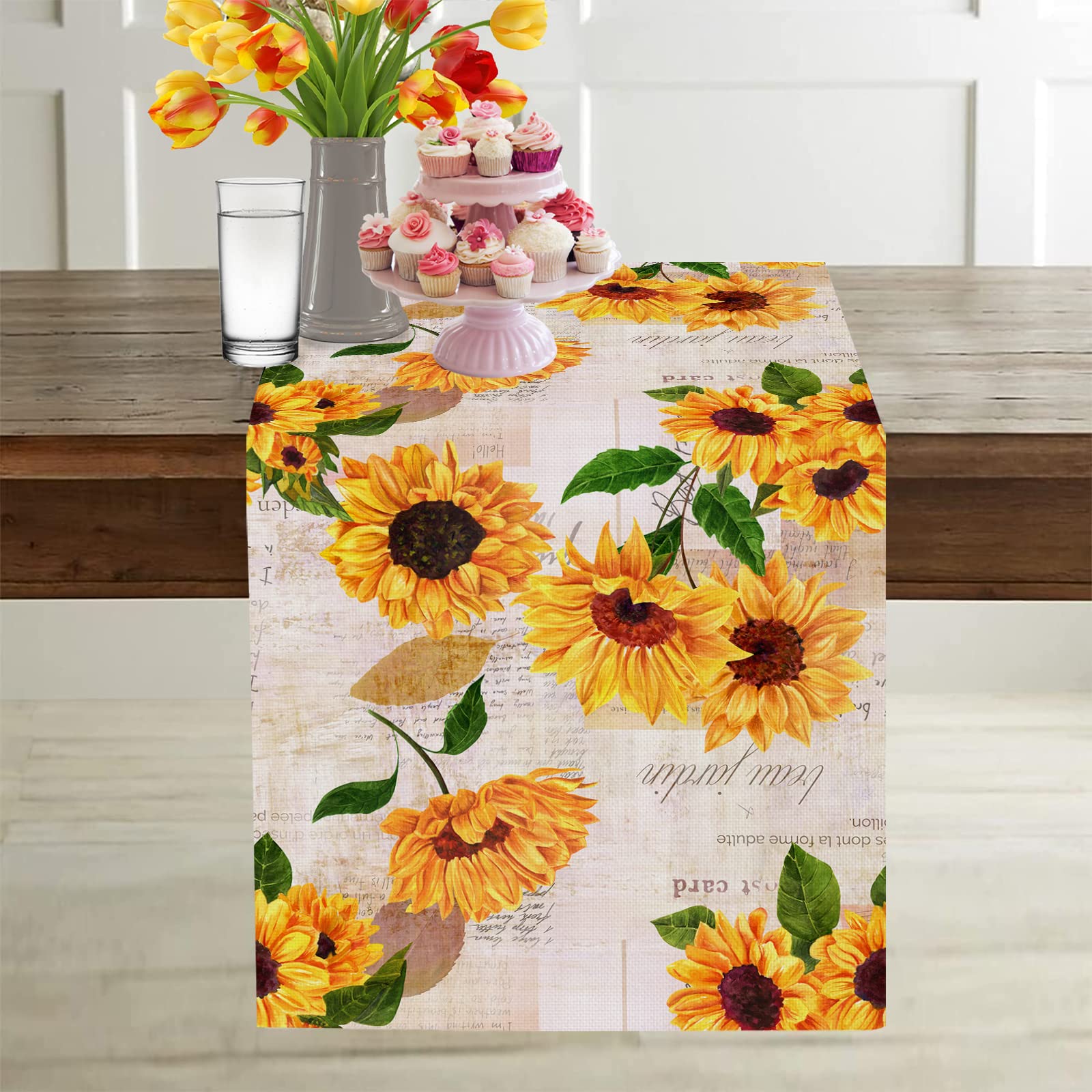 Sunflower Old Paper Rustic Table Runner Burlap Linen Table Runner Farmhouse Kitchen Decor For Home Party And Dining Room Dresser