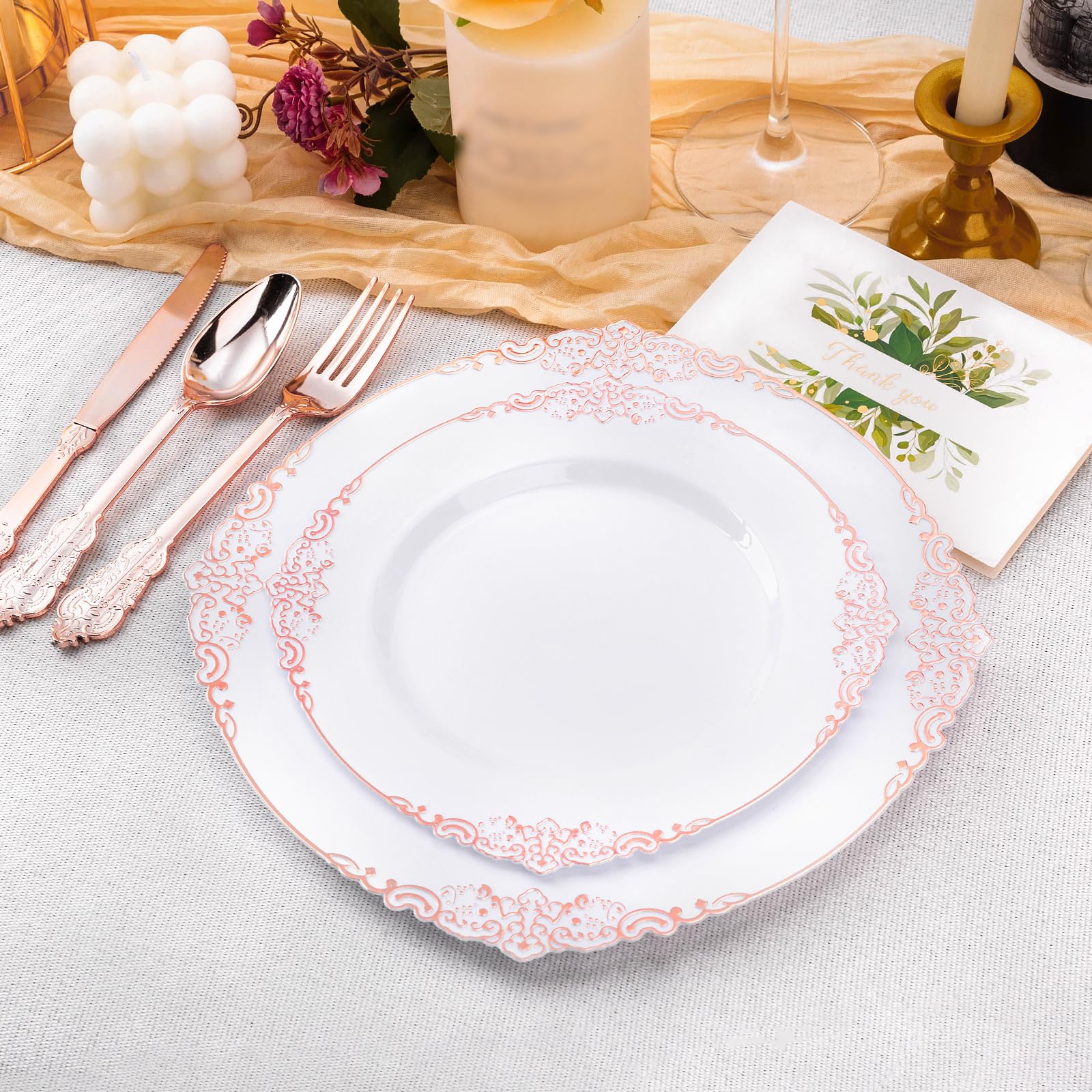 Bestluck 100 Pcs White And Rose Gold Plastic Plates For 50 Guests, Rose Gold Disposable Plates Include 50 Pcs Dinner Plates, 50