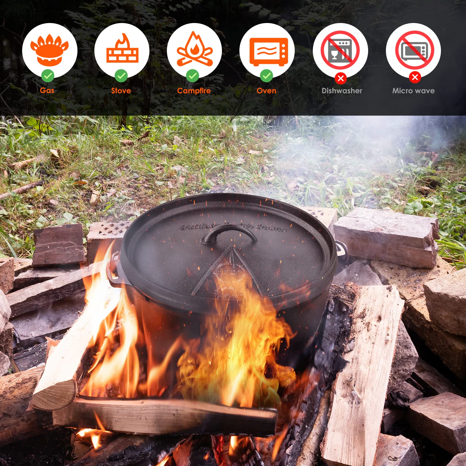 Liferun Dutch Oven Pot With Lid, 12 Quart Cast Iron Dutch Oven, Without Feet, With Stand & Spiral-Shaped Handle, Cast Iron Pot F