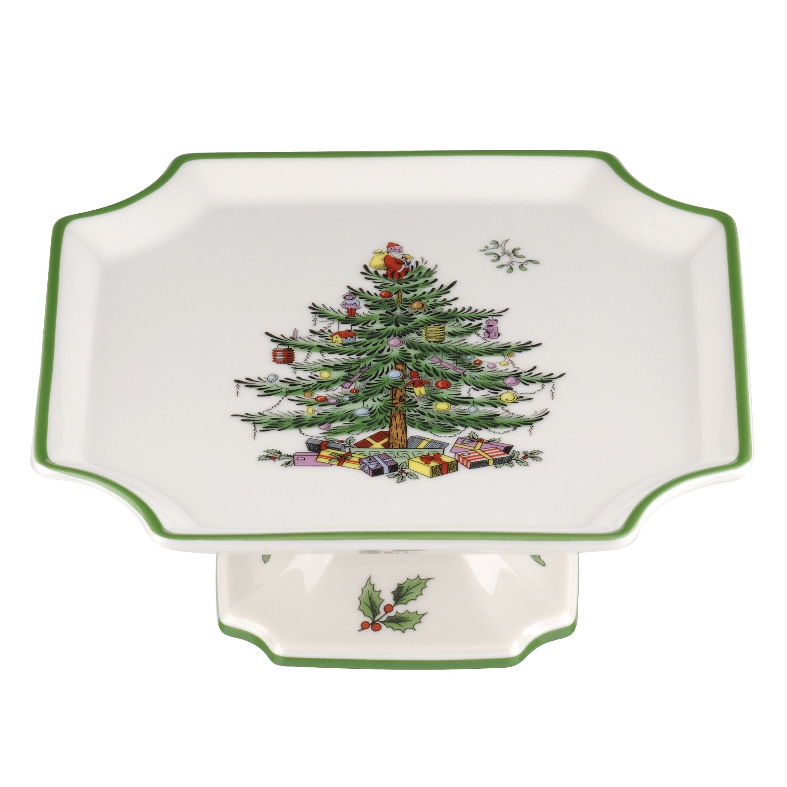 Spode Christmas Tree Footed Square Cake Plate - 6.5-Inch Holiday Cake Stand for Desserts, Cupcakes, and Treat Display - Made of 