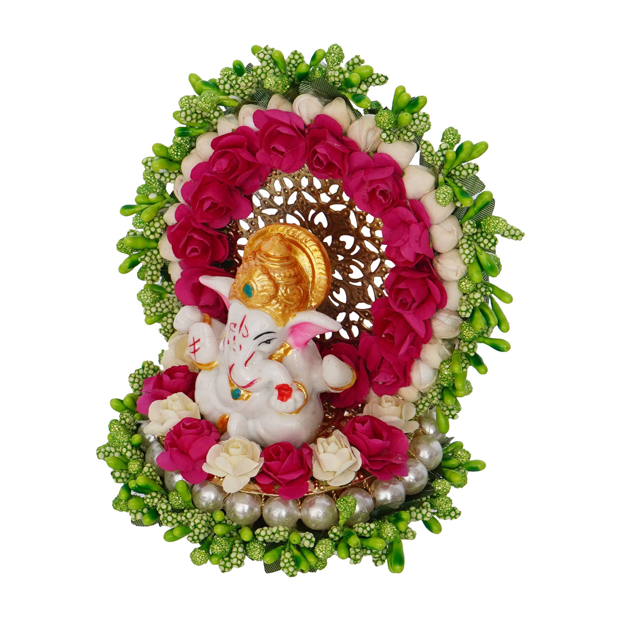 Ecraftindia Resin Lord Ganesha Idol On Decorative Green Pink Floral Plate| Ganesha Idol For Home Decor Car Dashboard| Ganesha St