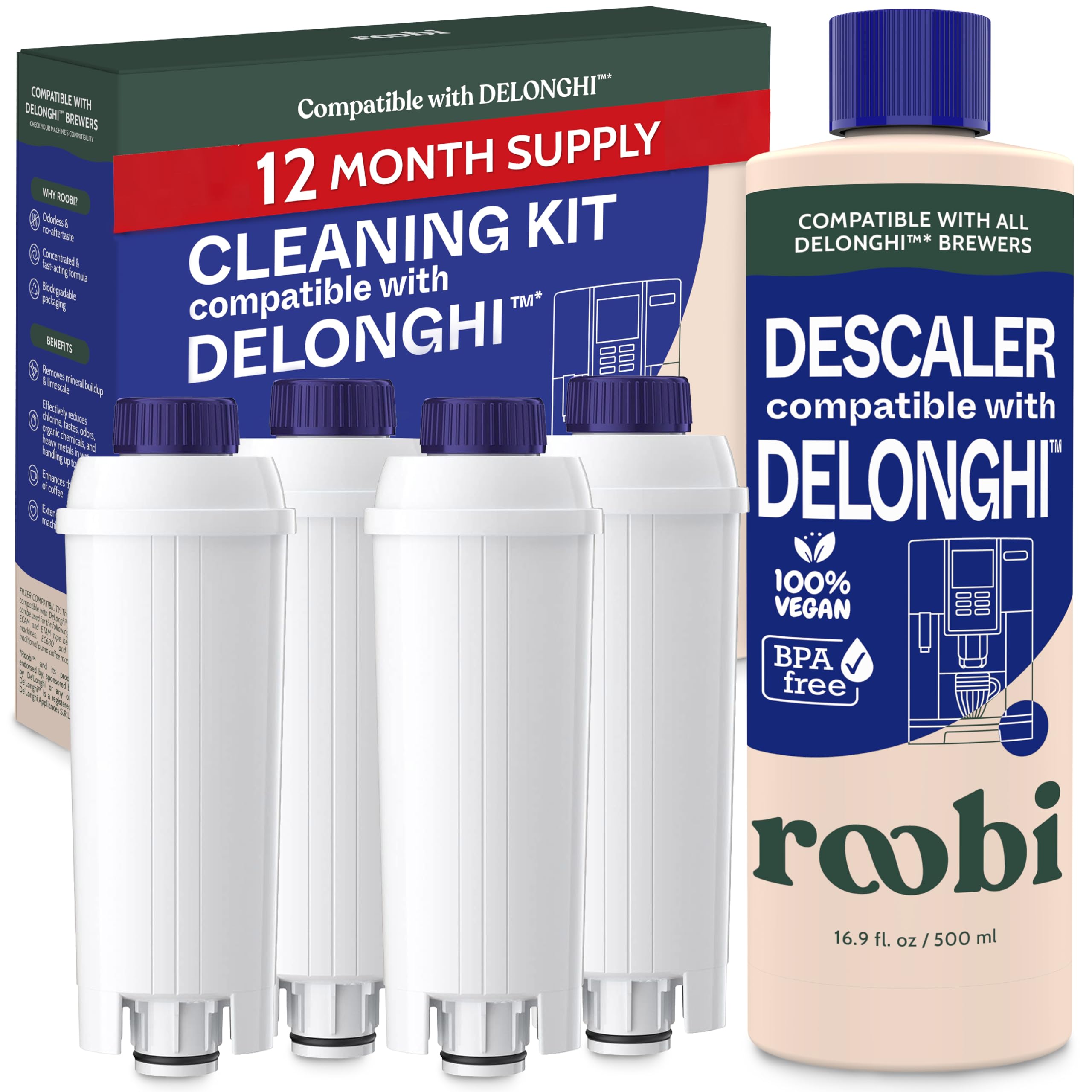 Delonghi Compatible Cleaning Descaling Kit. Includes 1 Bottle Of Descaling Solution And 4 Delonghi Filters. Carbon Neutral Delon