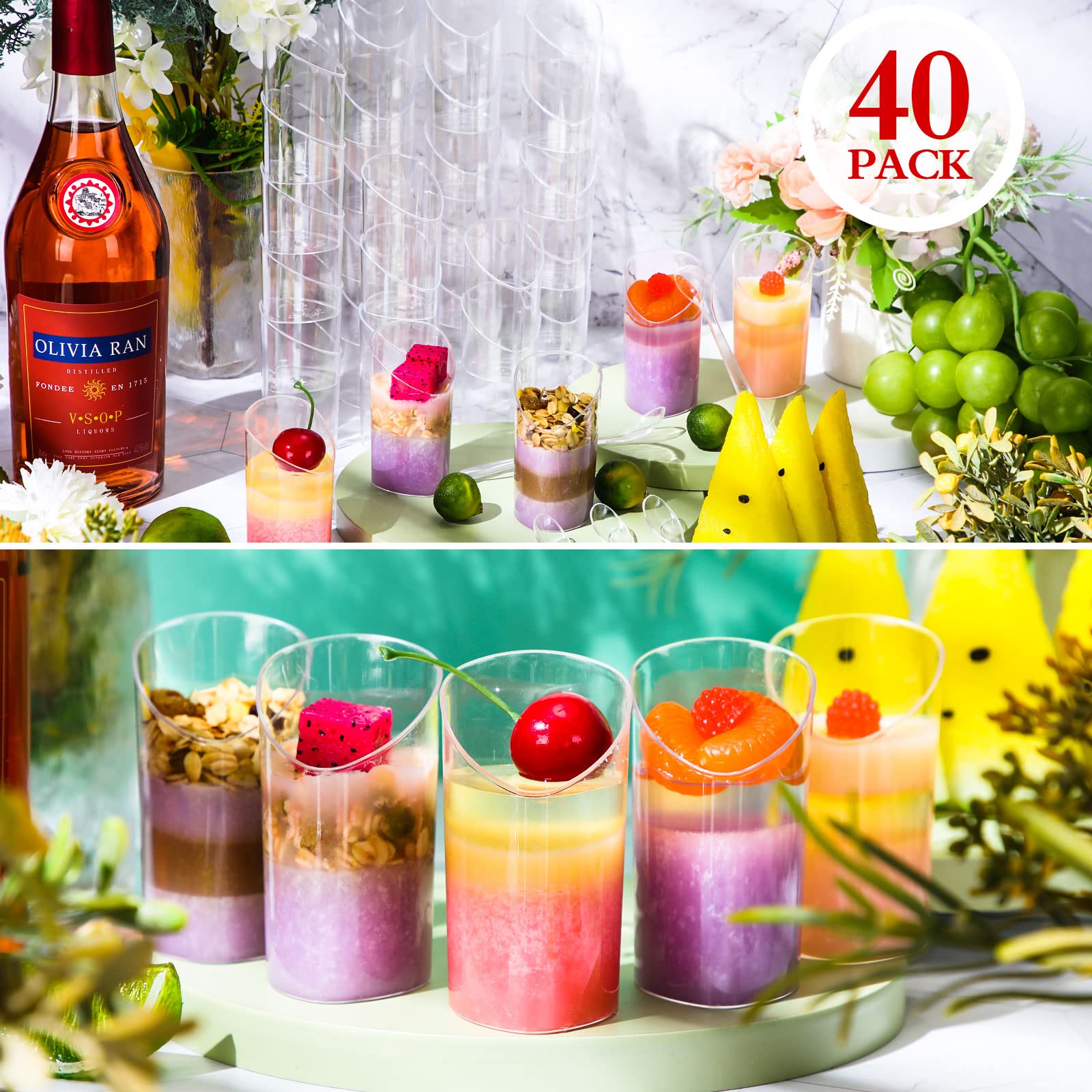 100 Pack Mini Dessert Cups With Spoons Small Plastic 3 Oz Slanted Round Shooter Disposable Clear Plastic Parfait Appetizer Cup F