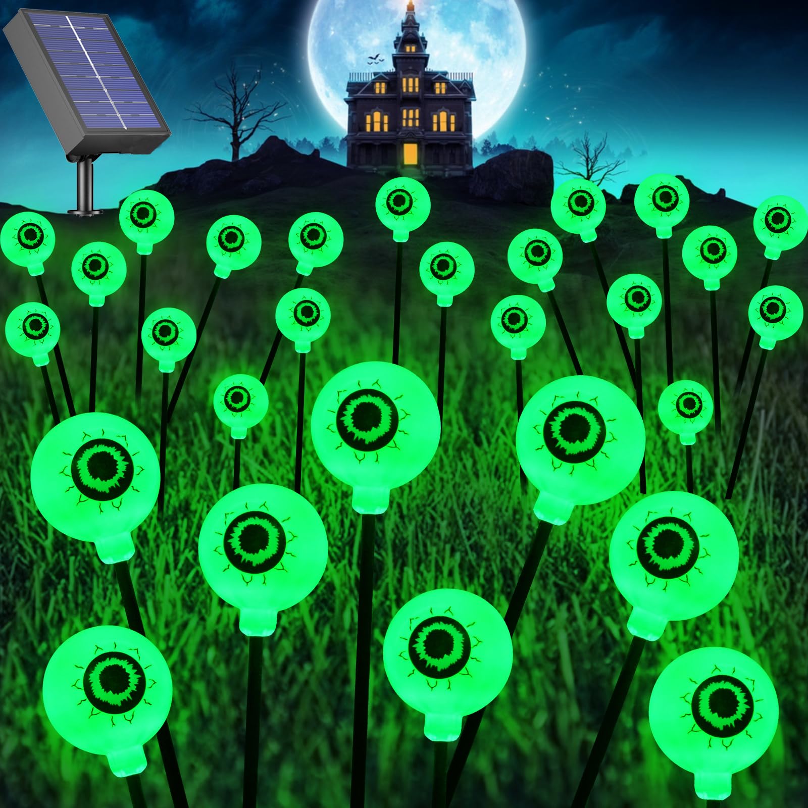 Solar Eyeball Lights Outdoor Waterproof 4 Pack 32 LED Halloween Eyeball Lights 8 Modes Scary Spooky Eyeballs Swaying Green Solar