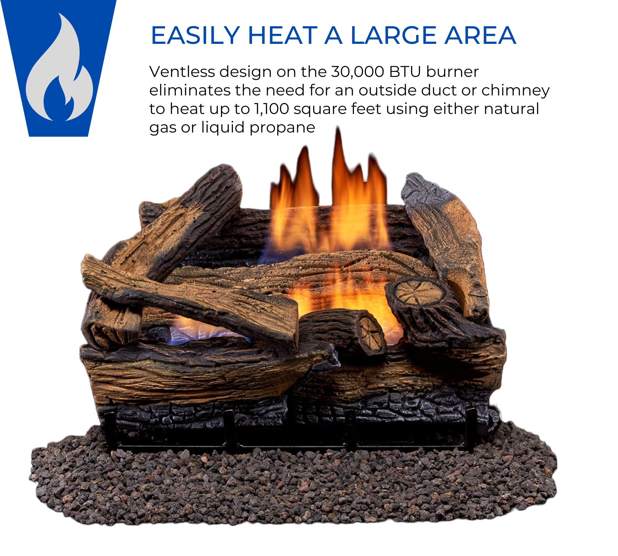 Duluth Forge Dls-18T-1 Dual Fuel Ventless Fireplace Logs Set With Thermostat, Use With Natural Gas Or Liquid Propane, 30000 Btu,