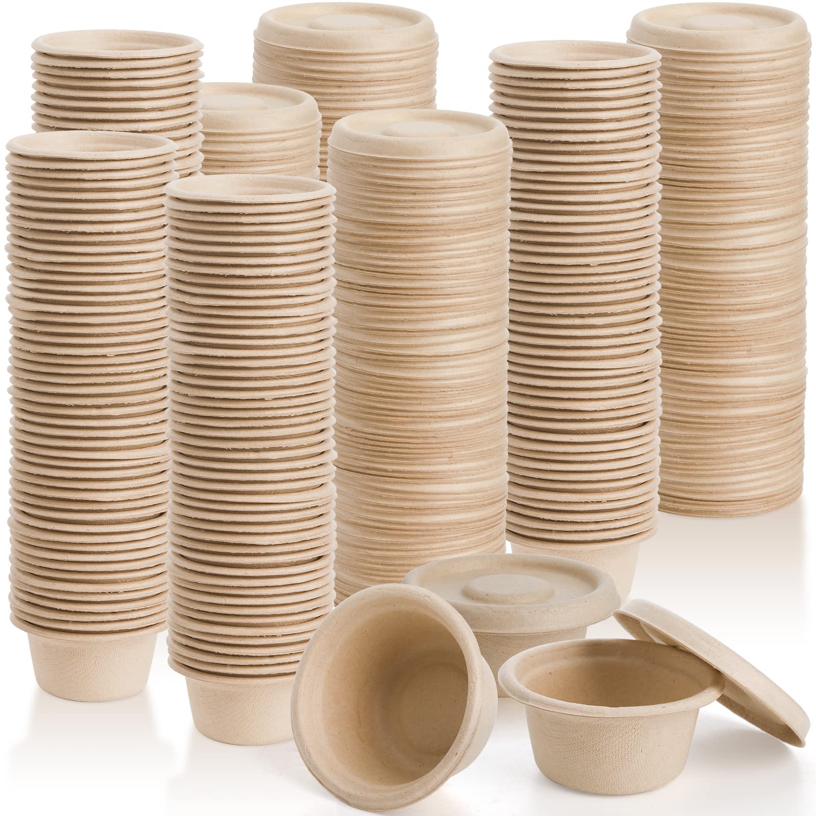 Yesland 200 Pack 2 Oz Natural Bagasse Fiber Cups With Lids, Paper Tasting Cups Disposable Sample Food Cup, Compostable Sauce Con