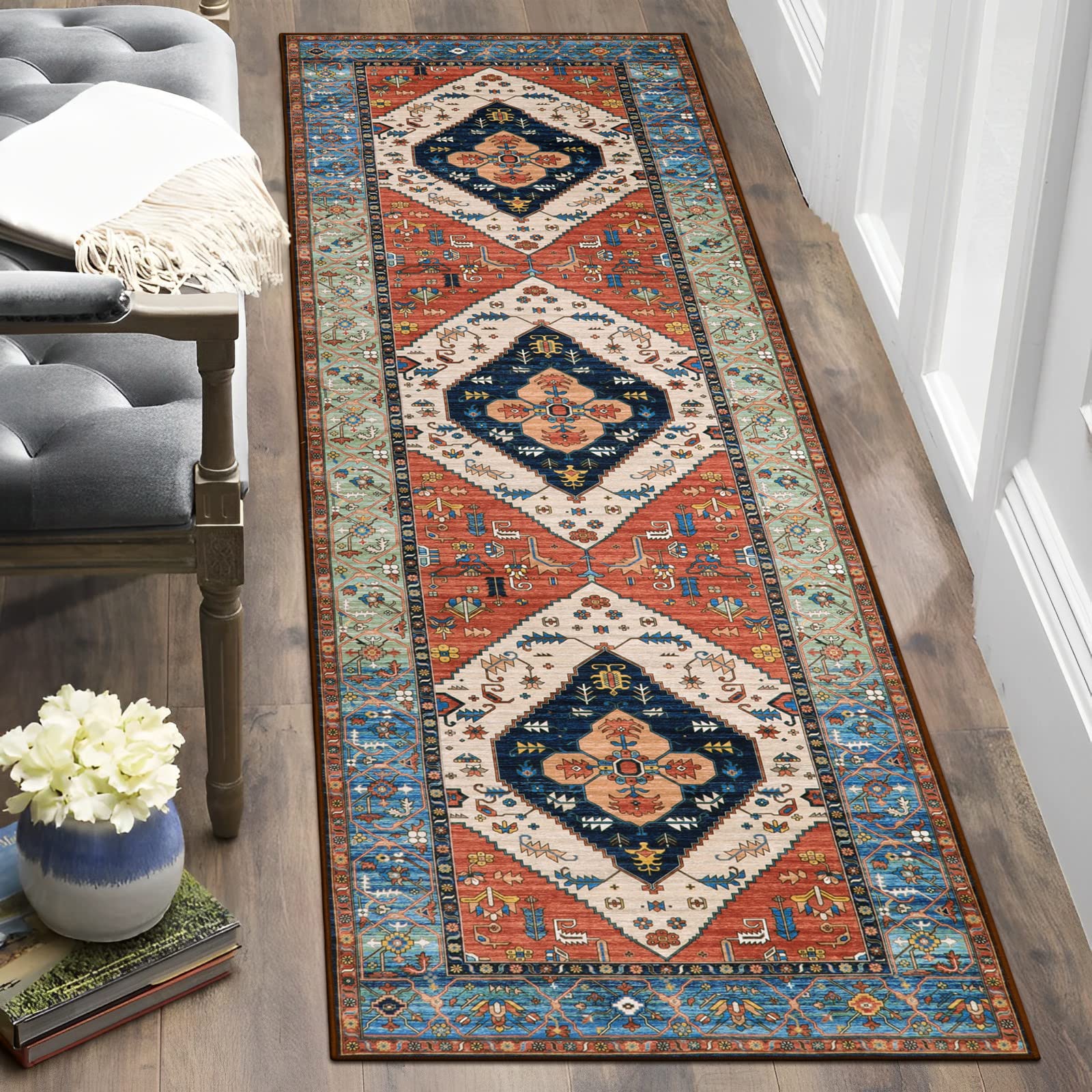 Lahome Boho Hallway Runner Rug - 2x5 Rug Runner Washable Runner Rugs Non-Slip Low-Pile Kitchen Runner Rug Laundry Room Rug Orien