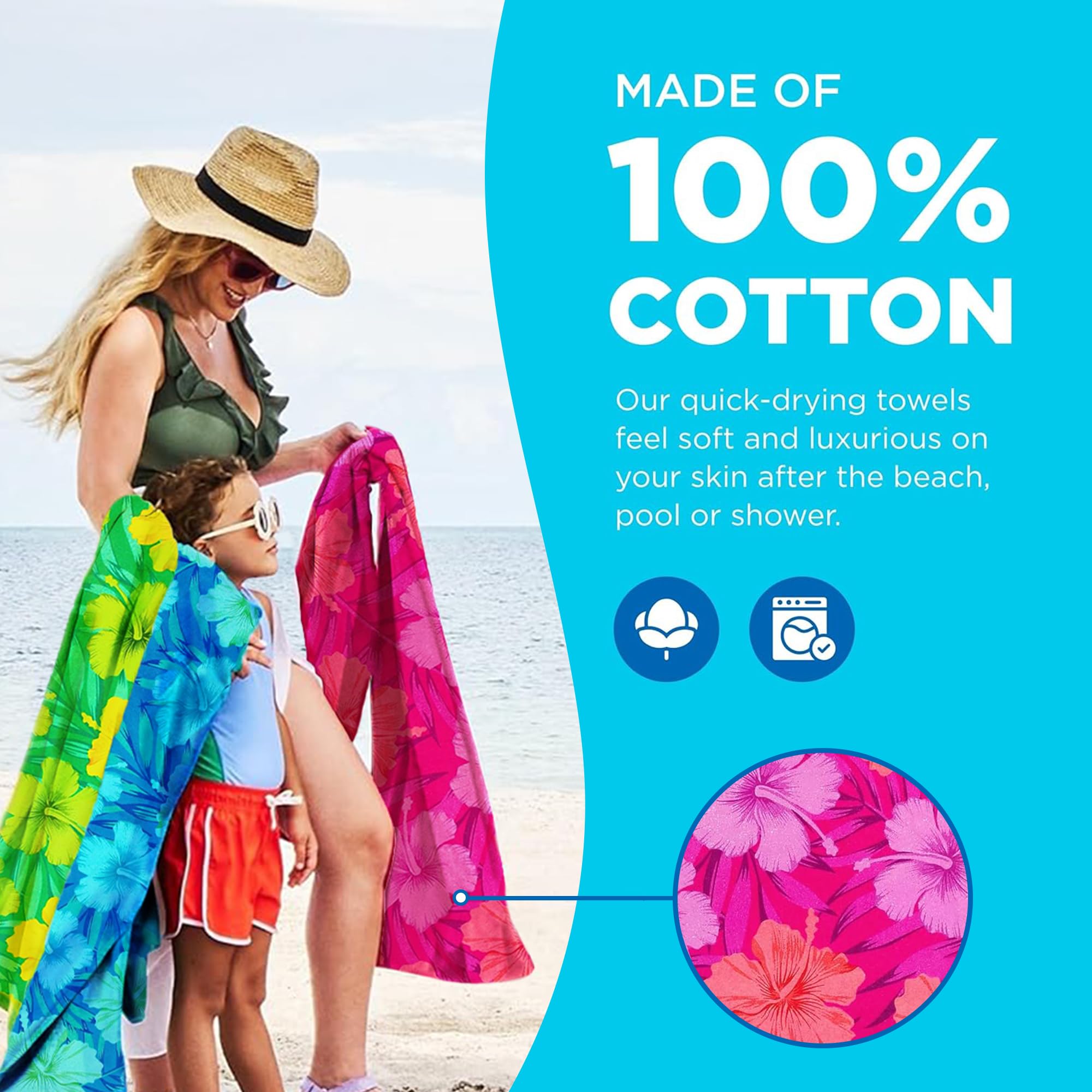 Kaufman - Colorful Hibiscus Beach Towels | 100% Cotton With Ends Hemmed | 30'' X 60'' | Colorful Soft & Absorbent Pool Towels Fo