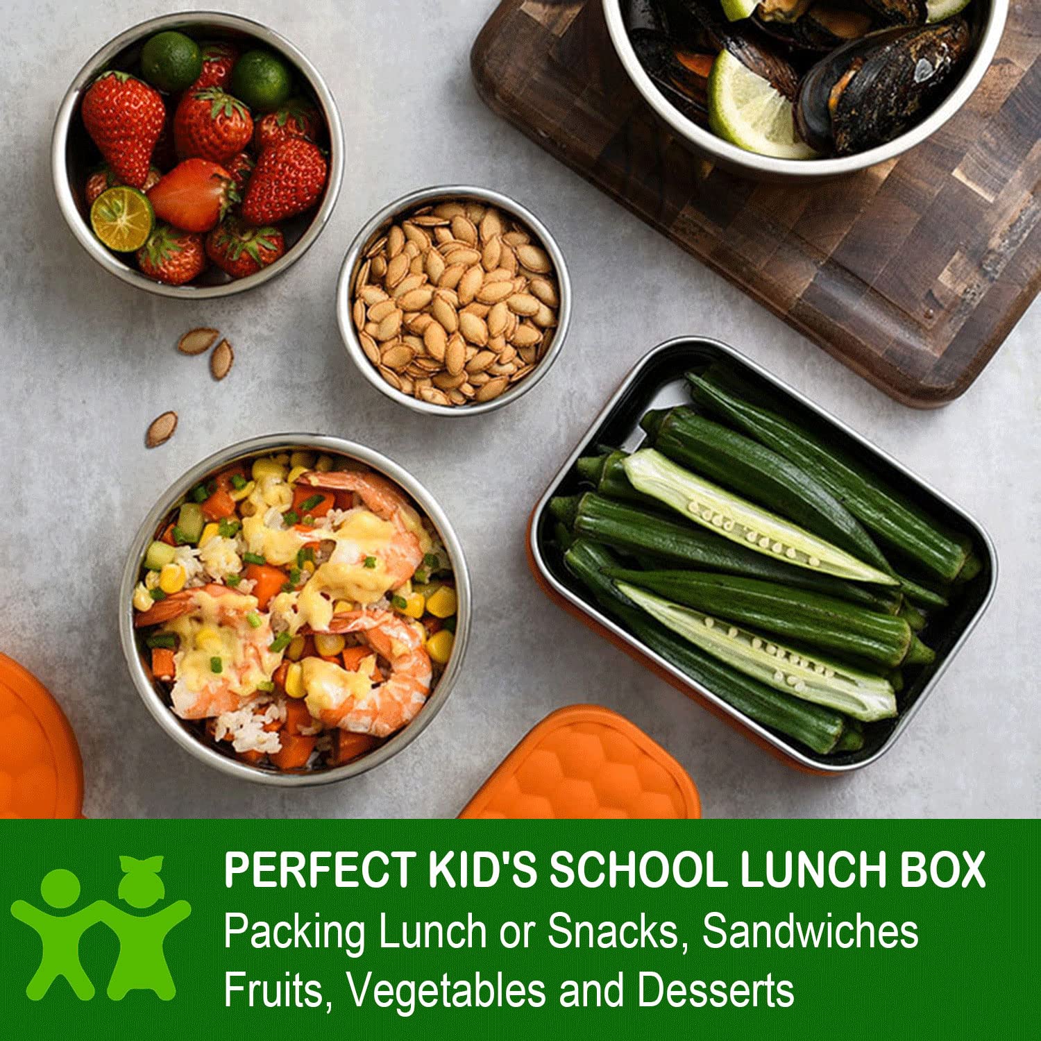 Aoraki Stainless Steel Containers With Lids, Lunch Box Container With Leak Resistant Silicone Lid, Food Storage Bento Box For Sn