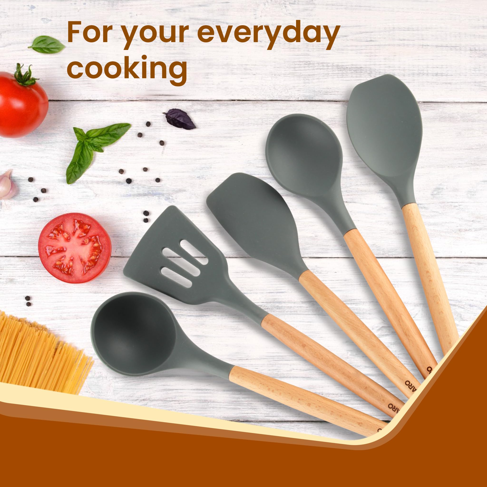 AGARO Royal Silicone Spatula Set of 5, Cooking and Mixing, for Non-Stick Cookware, BPA Free, Seamless Design, Grey