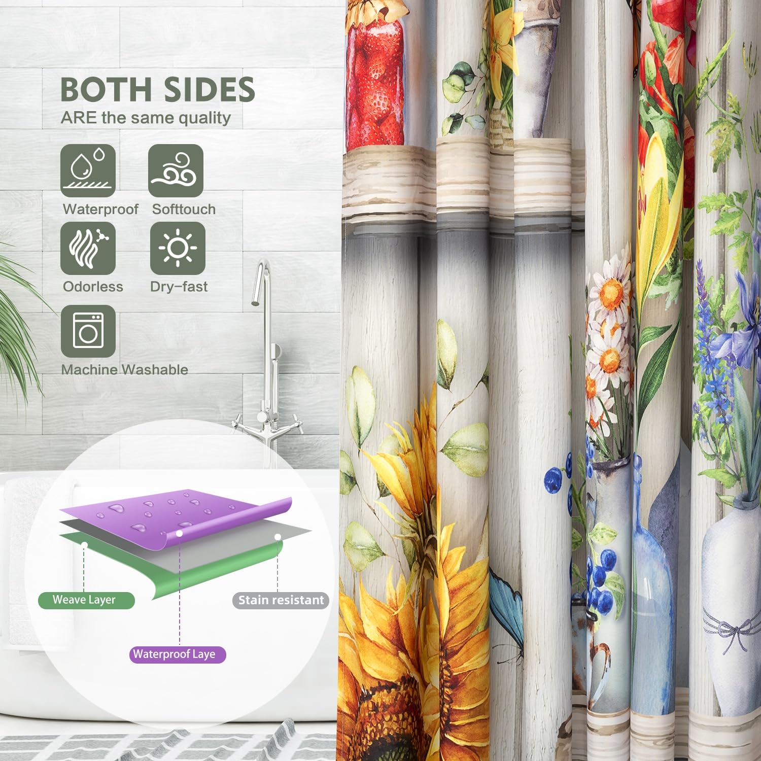 Flower Shelves Shower Curtain Boho Farmhouse Shower Curtain Rustic Country Floral Shower Curtains For Bathroom Waterproof Fabric