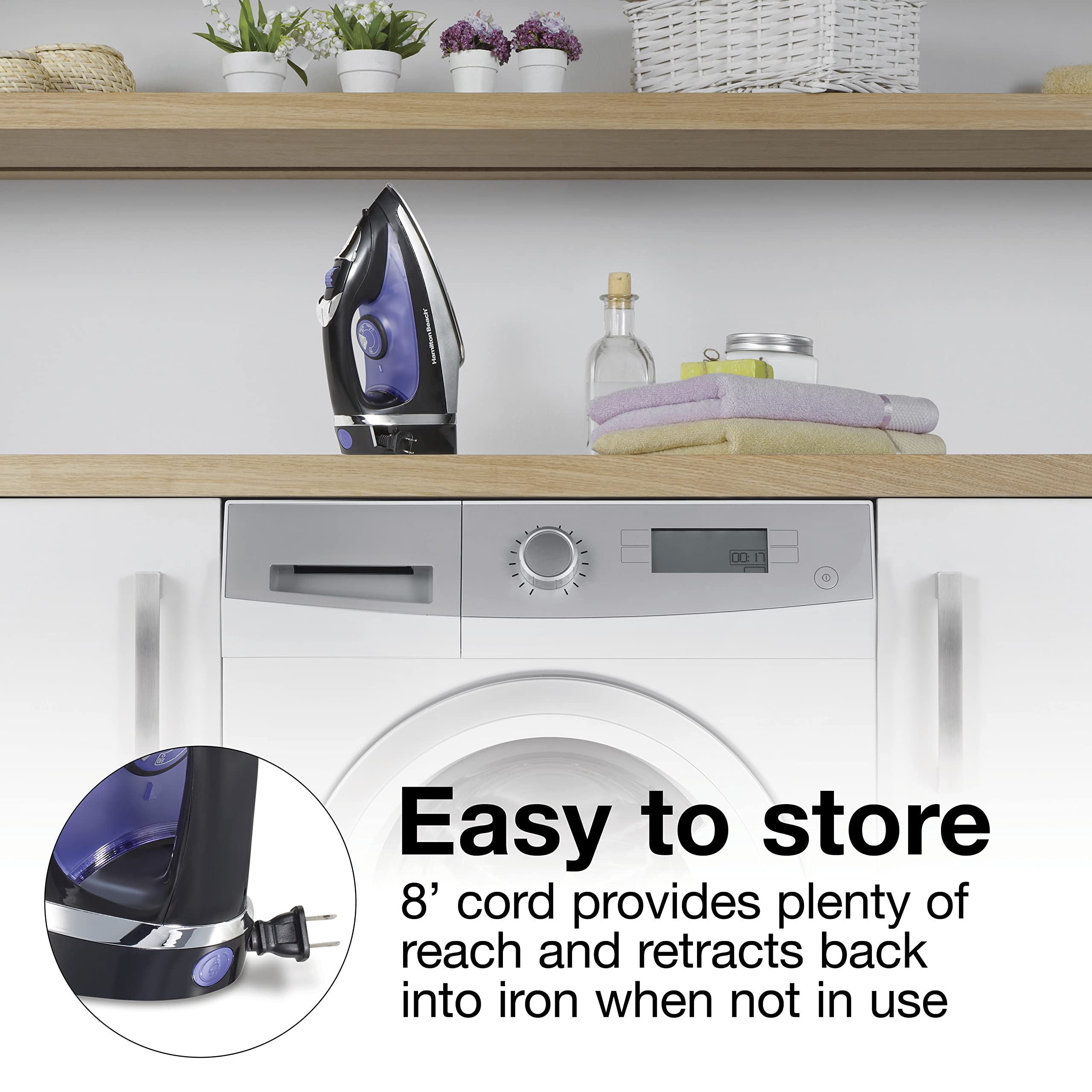 Hamilton Beach Steam Iron For Clothes & Garment Steamer With Smooth Press Stainless Steel Soleplate, 1200 Watts, 8 Retractable C