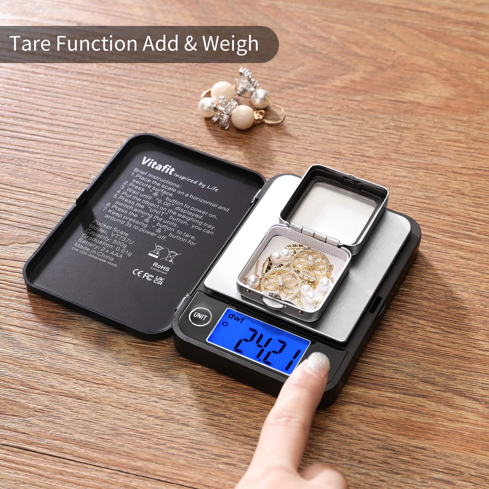 Vitafit 500g Digital Pocket Scale Weighing Professional Since 2001  0.01g High Accuracy Grams Scale for Multifunction: Lab Food Kitchen Coffee Jewelry; Black