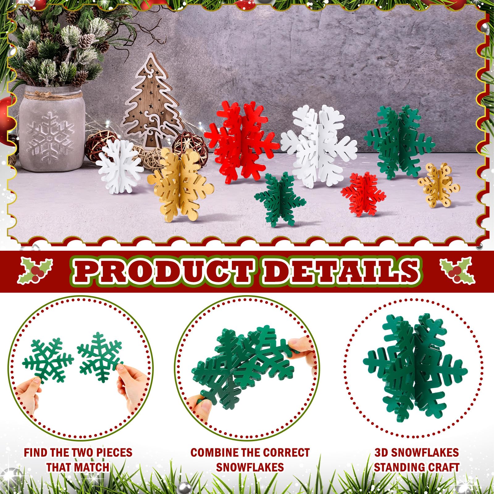Wenqik 16 Pcs Winter Wooden Snowflake Decor Christmas Winter Snowflake Tabletop Decorations 3D Snow Table Signs Standing Centerp