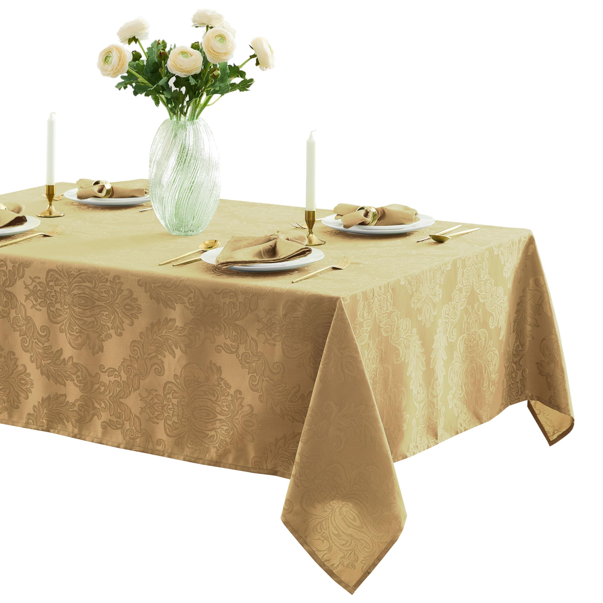 Newbridge Barcelona Damask Fabric Tablecloth, 60 x 120 Inch Rectangle, Gold - No Iron, Soil Resistant Table Cover for Dining, Pa