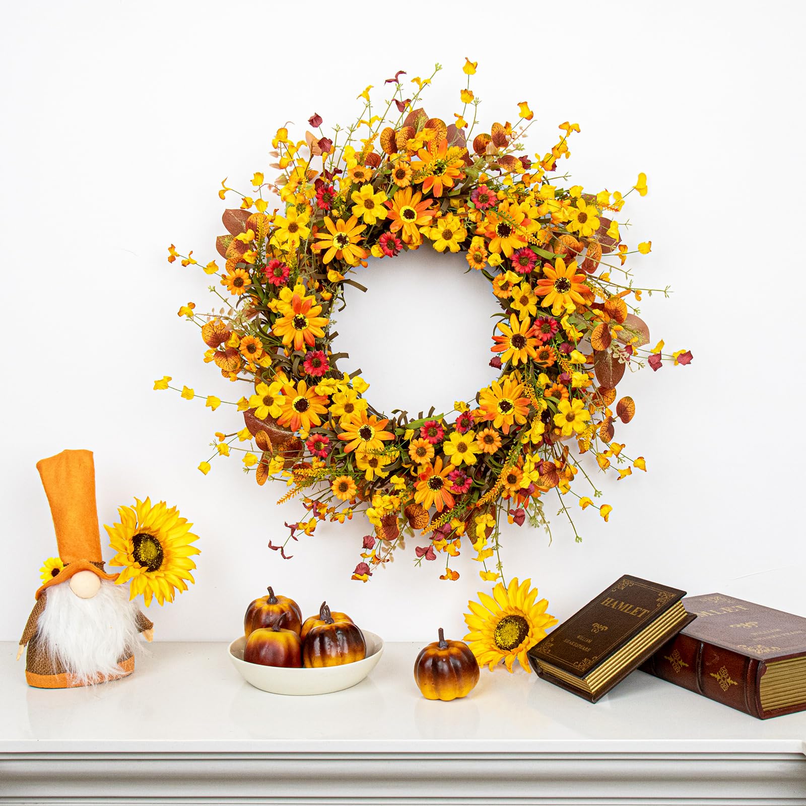 VioletEverGarden Fall Wreaths for Front Door 22 Inch Artificial Fall Wreath Orange Autumn Wreath with Berries and Eucalyptus Lea