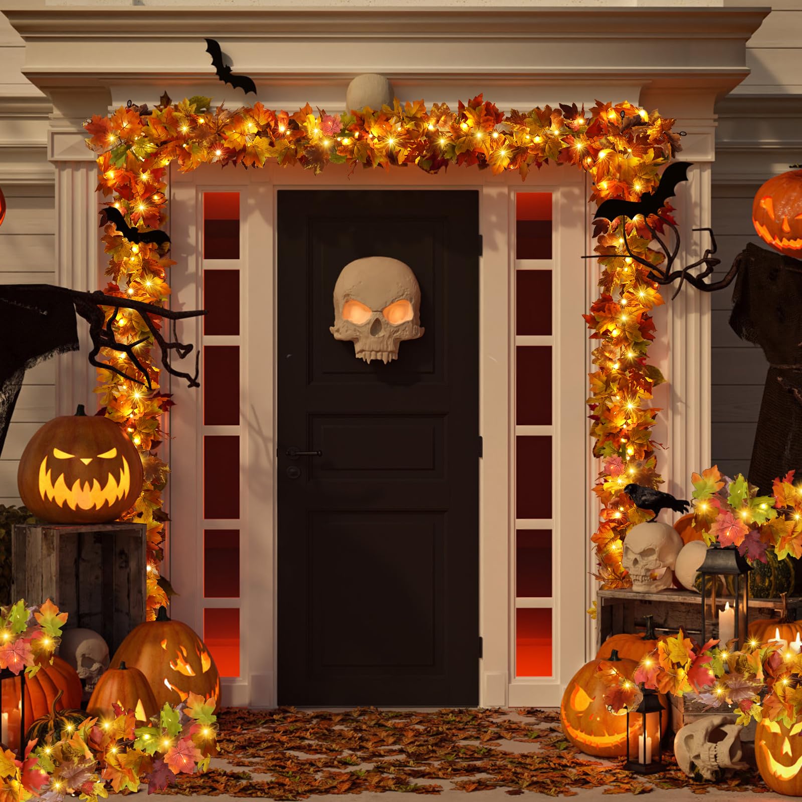 2PCS Fall Garland with Light, Fall Leaves Decor Garland Lights 40 LED Artificial Fall Leaves Autumn Garland Halloween Decoration